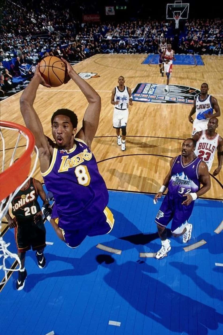 Kobe Dunking, basketball player, purple Lakers jersey, HD Phone Wallpaper