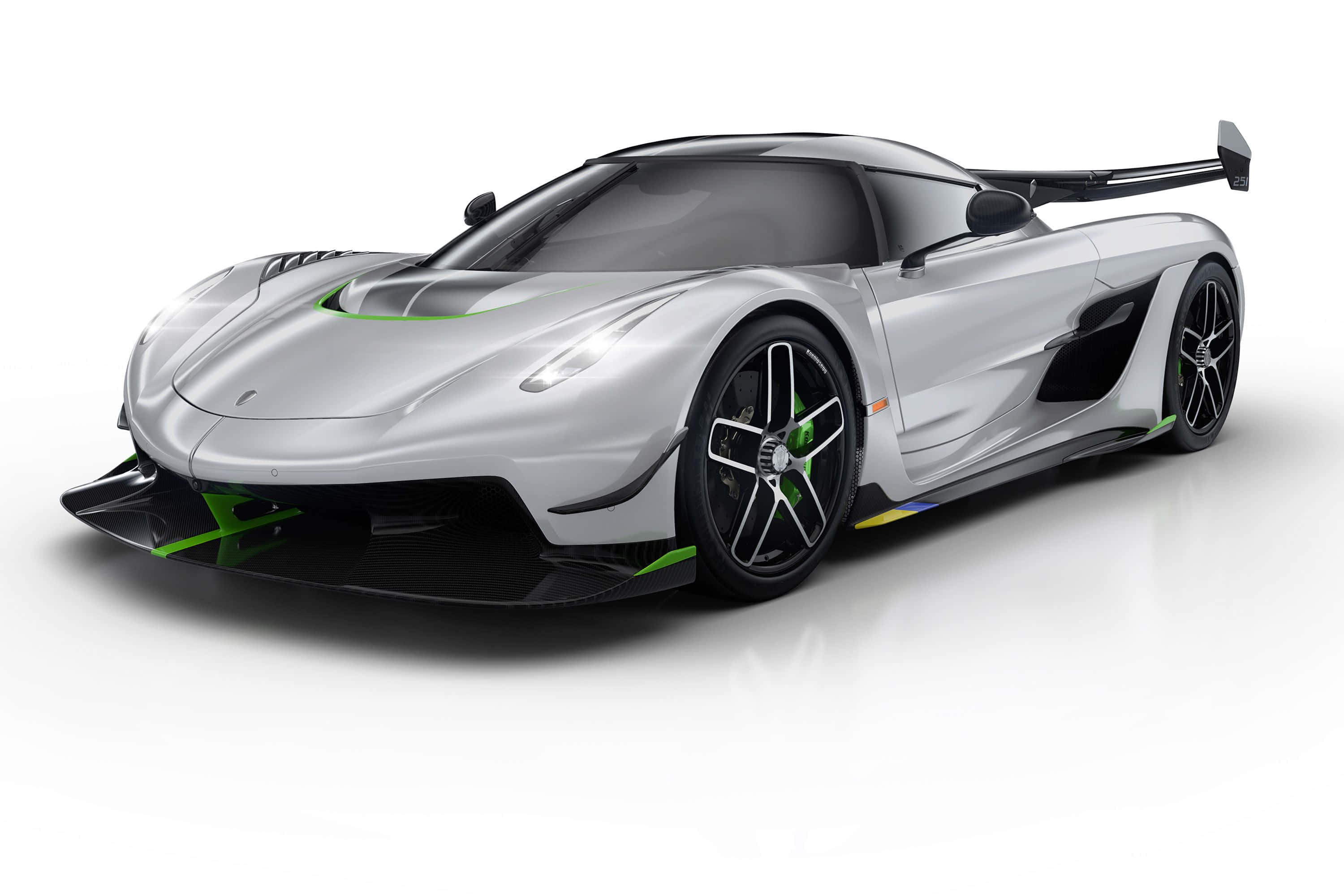 Koenigsegg Jesko, silver, green accents, 2K Desktop Wallpaper