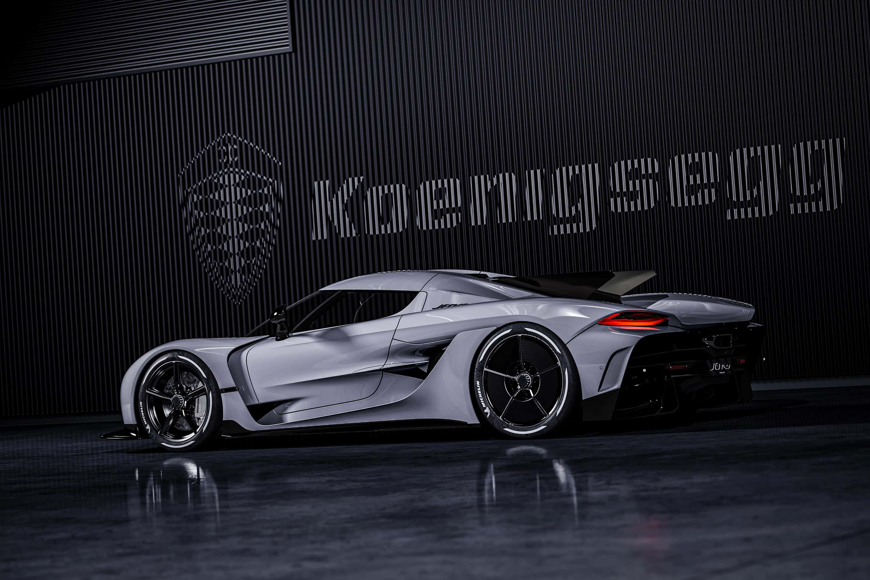 Koenigsegg Jesko, silver, dark textured wall, 2K Desktop Wallpaper
