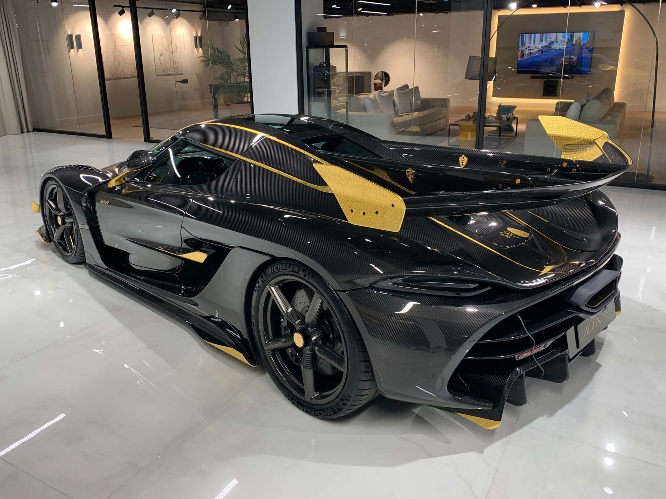 Koenigsegg Jesko, black and yellow, carbon fiber body, Full HD Desktop Wallpaper
