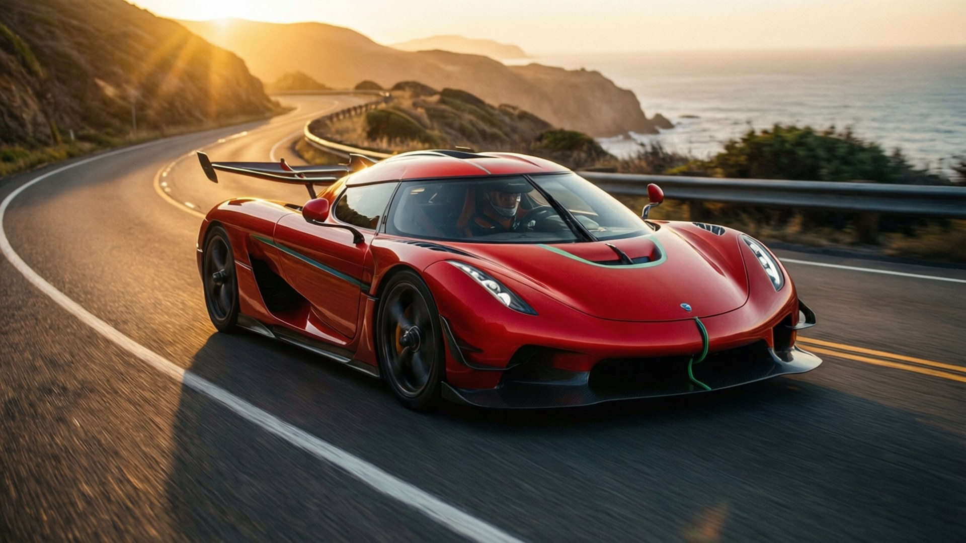 Koenigsegg Jesko, Red, coastal road, Full HD Desktop Wallpaper