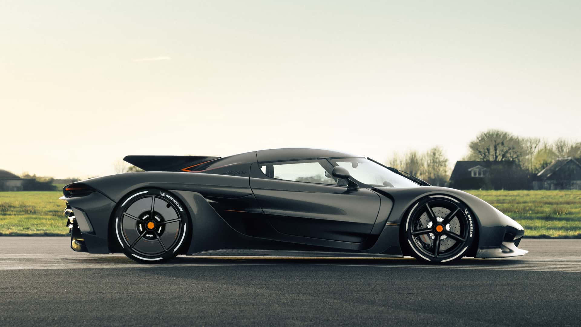 Koenigsegg Jesko, matte black, orange accents, Full HD Desktop Wallpaper