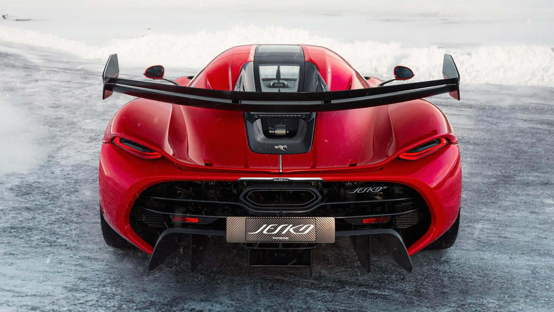 Koenigsegg Jesko, red, snowy icy road, Full HD Desktop Wallpaper