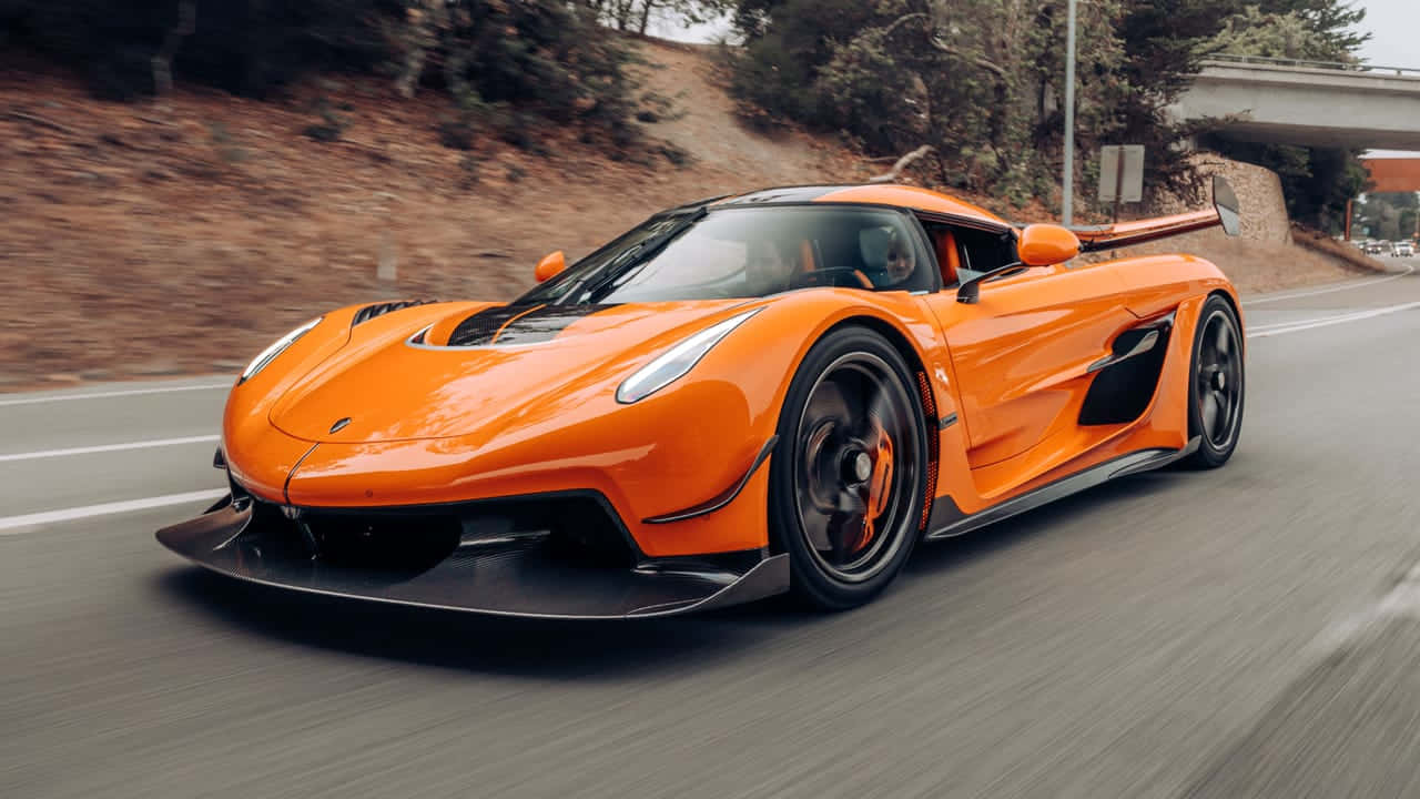 Orange Koenigsegg Jesko, winding road, motion blur, HD Desktop Wallpaper