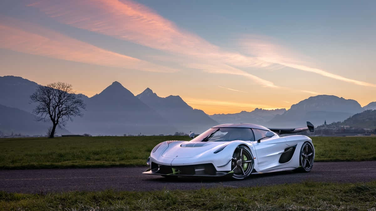 Koenigsegg Jesko, sunset, mountain backdrop, SD Desktop Wallpaper