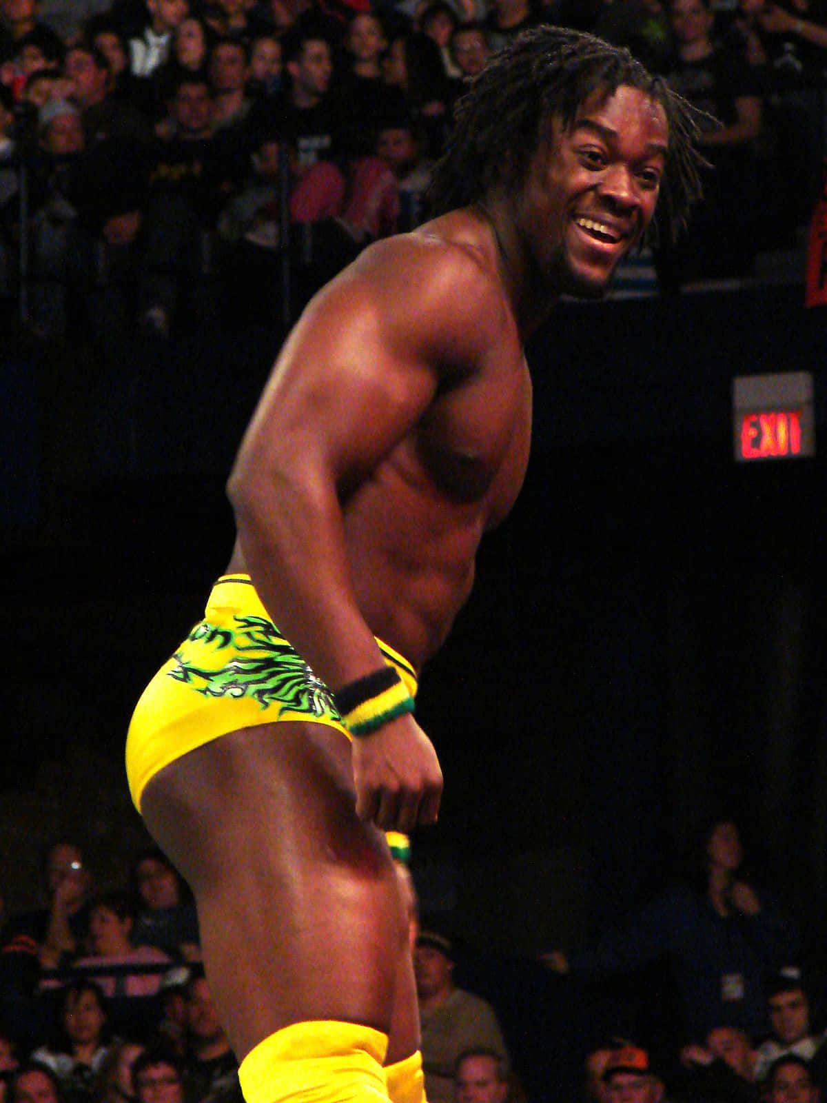 Kofi Kingston, bright yellow wrestling brief, green flame designs, HD Phone Wallpaper