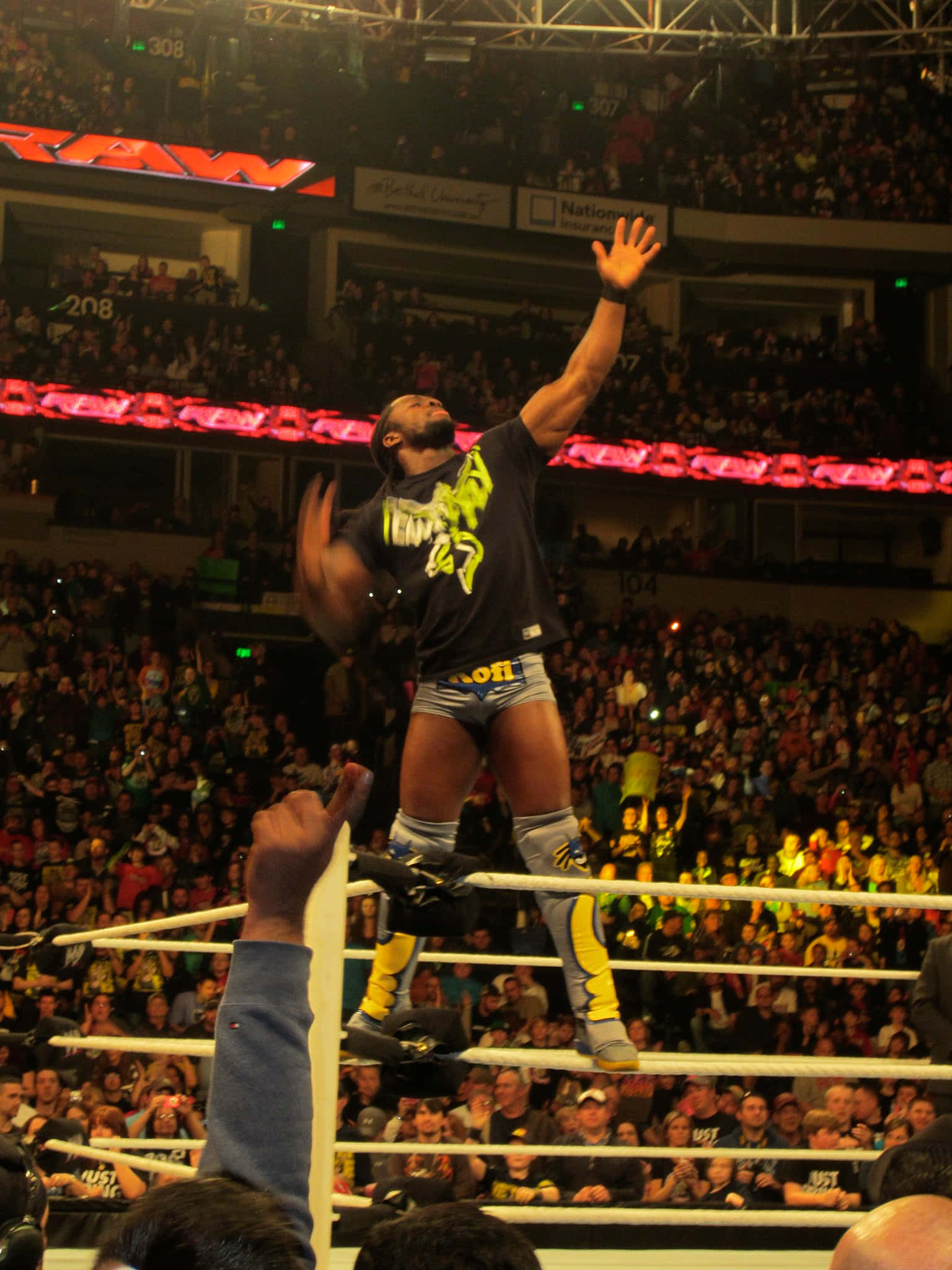 Kofi Kingston, wrestle ring ropes, packed arena, Full HD Phone Wallpaper