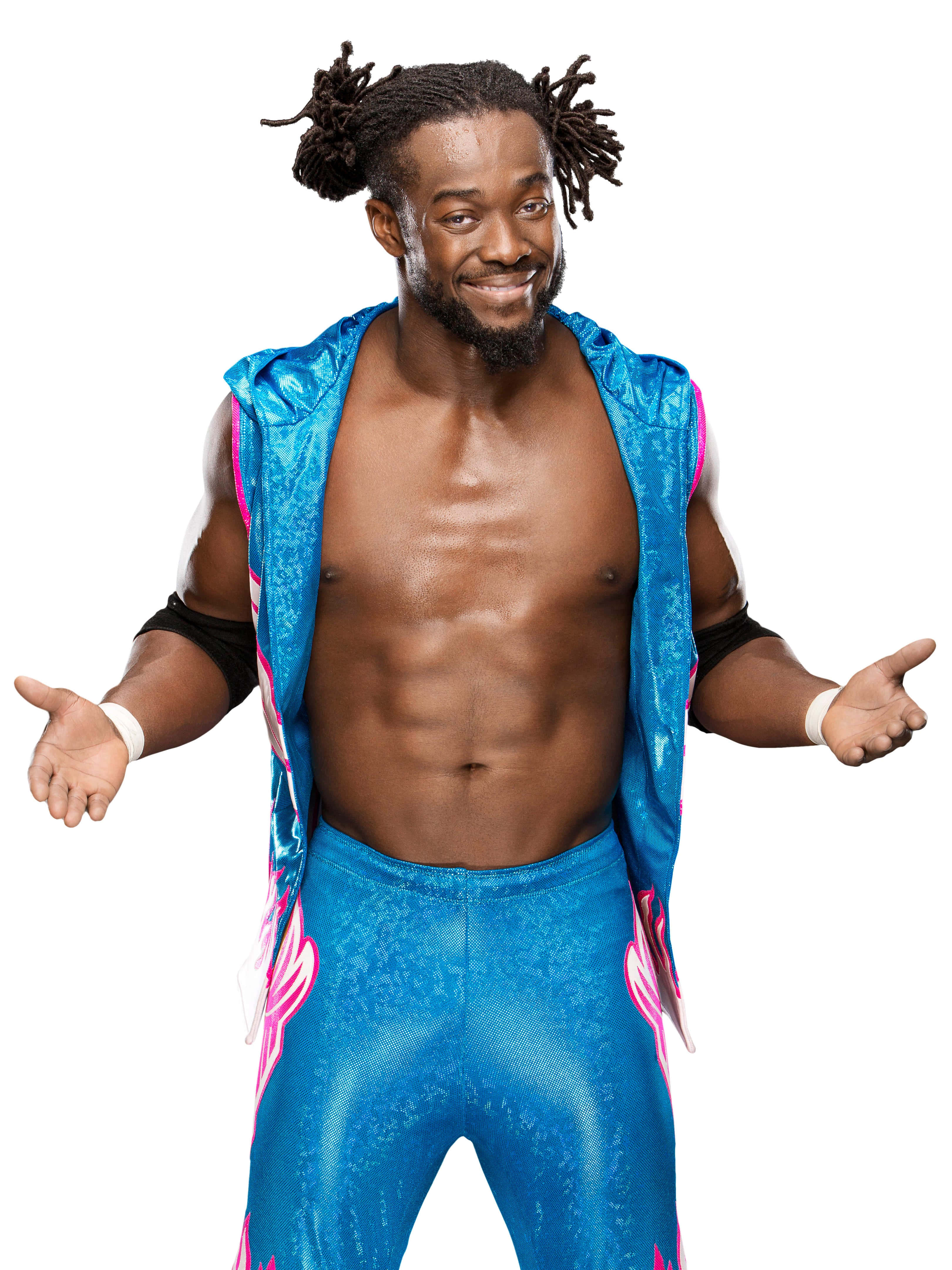 Kofi Kingston, blue and pink wrestling tights, shiny blue, 4K Phone Wallpaper