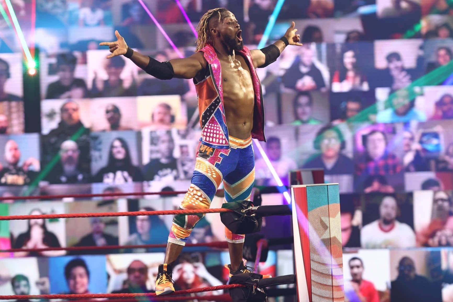 Kofi Kingston, wrestling ring turnbuckle, bright stage lights, HD Desktop Wallpaper