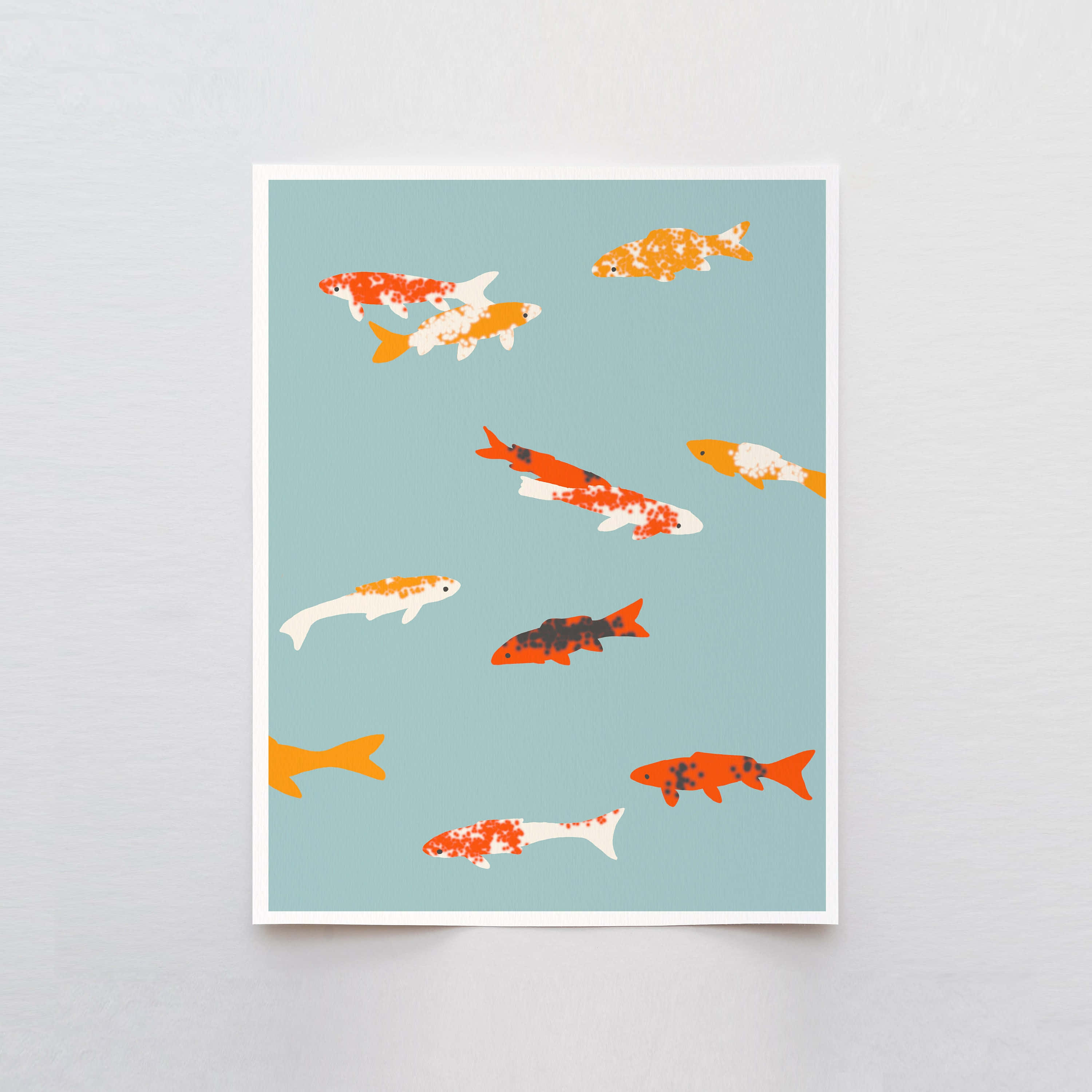 colorful koi fish illustration art, orange white and black, muted teal background, 2K Desktop Wallpaper