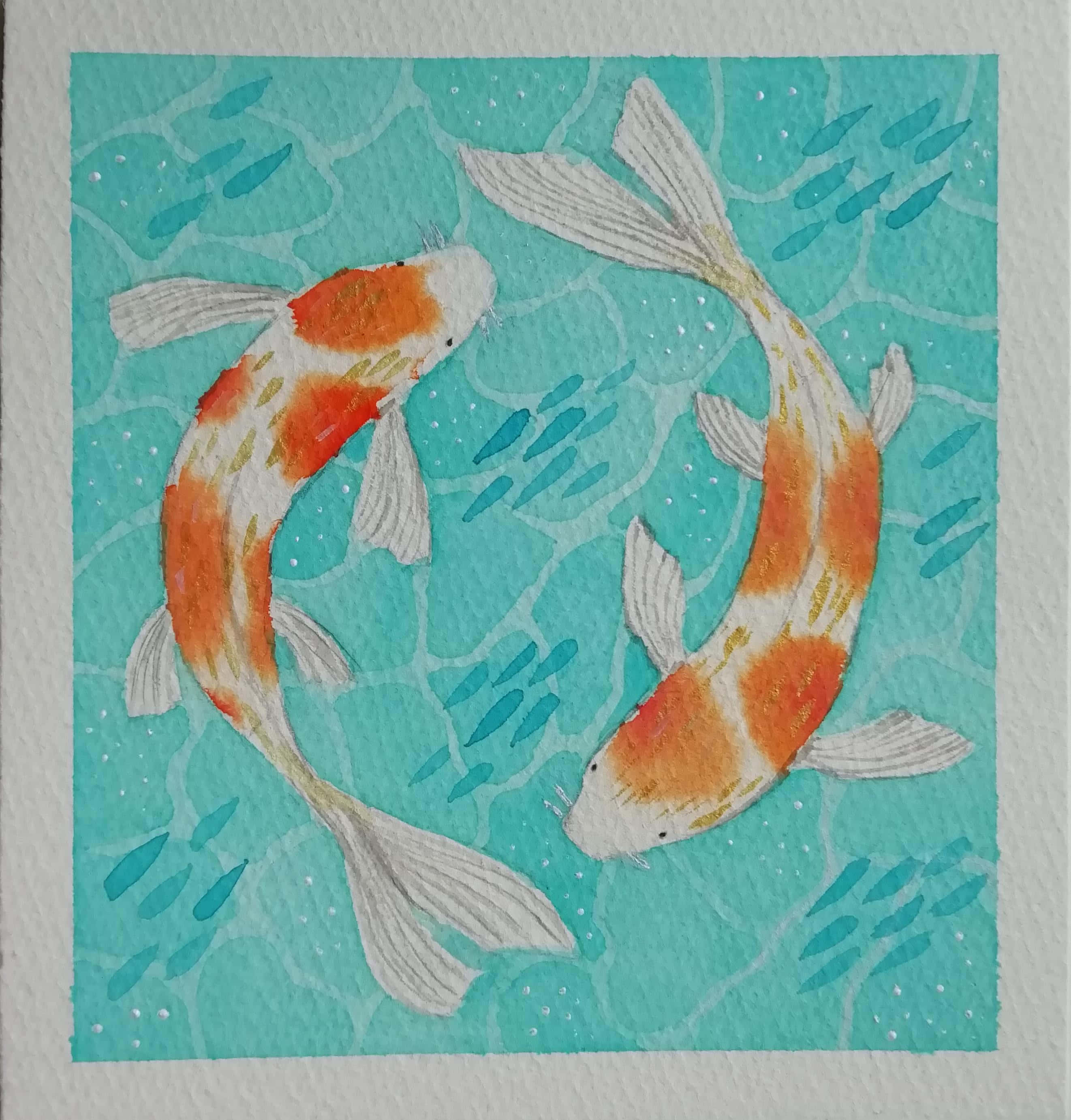 koi fish, watercolor art, turquoise water, 2K Phone Wallpaper