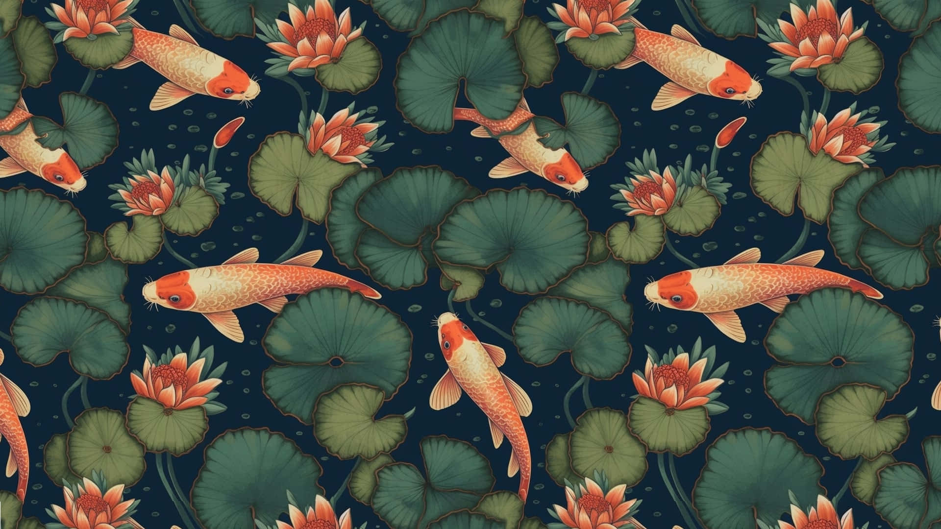koi fish, lotus pond, lily pads, Full HD Desktop Wallpaper