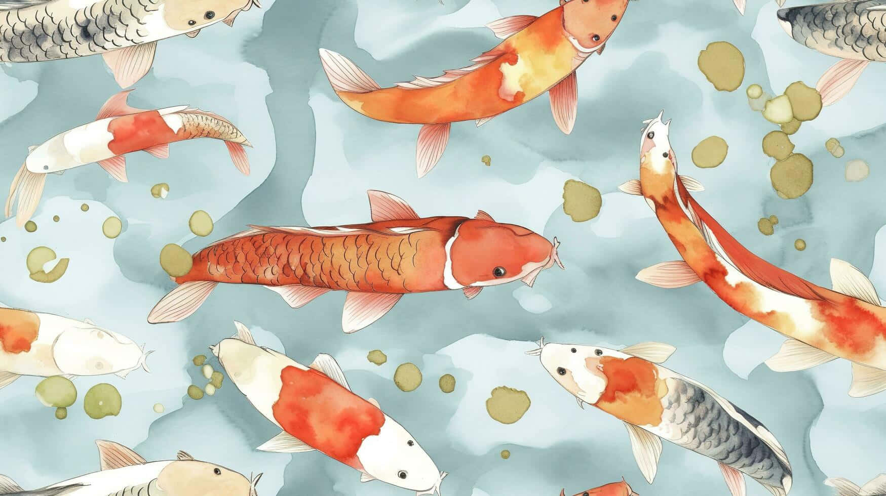 koi fish, watercolor pattern, serene watercolor pond, HD Desktop Wallpaper