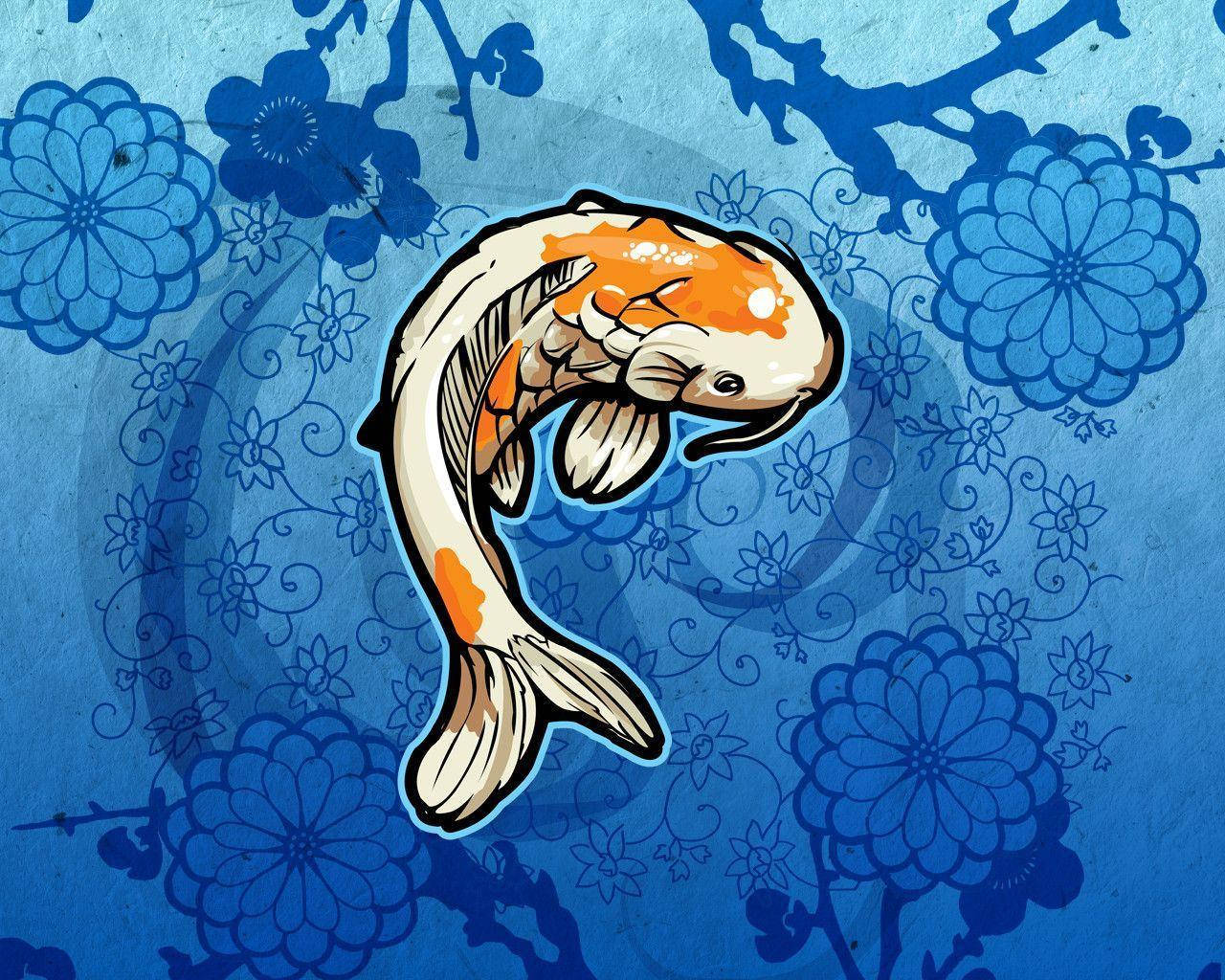 koi fish, orange and white, textured blue background, HD Desktop Wallpaper