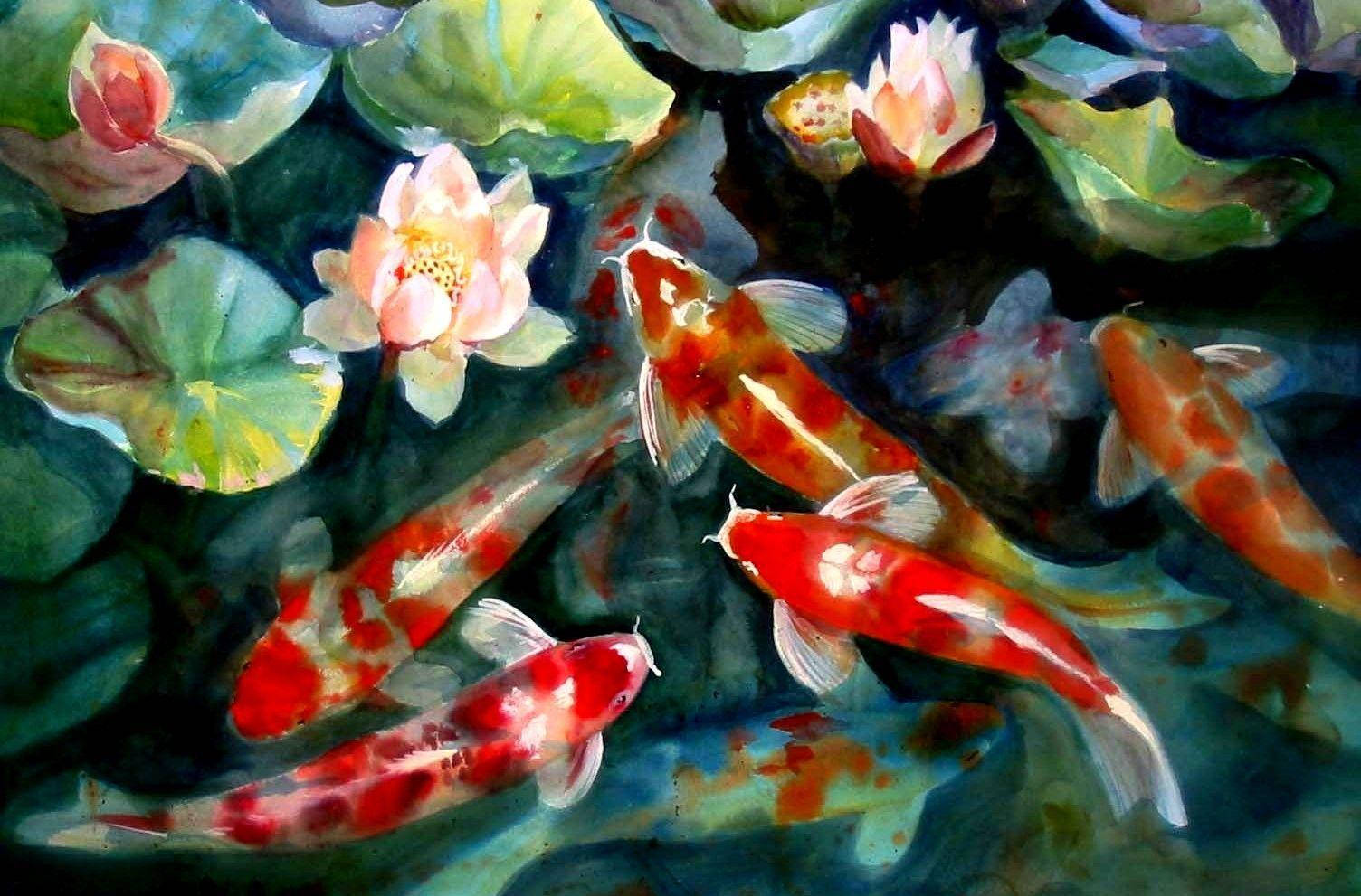 watercolor koi fish, koi fish, lily pads, HD Desktop Wallpaper