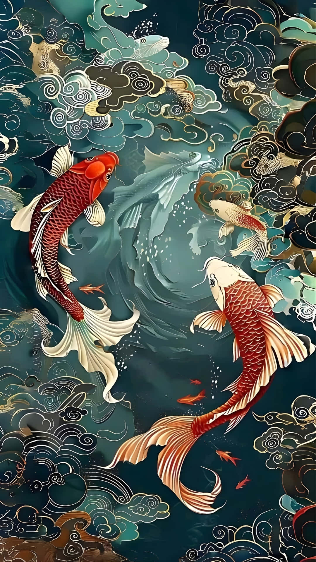 koi fish, teal, gold, Full HD Phone Wallpaper