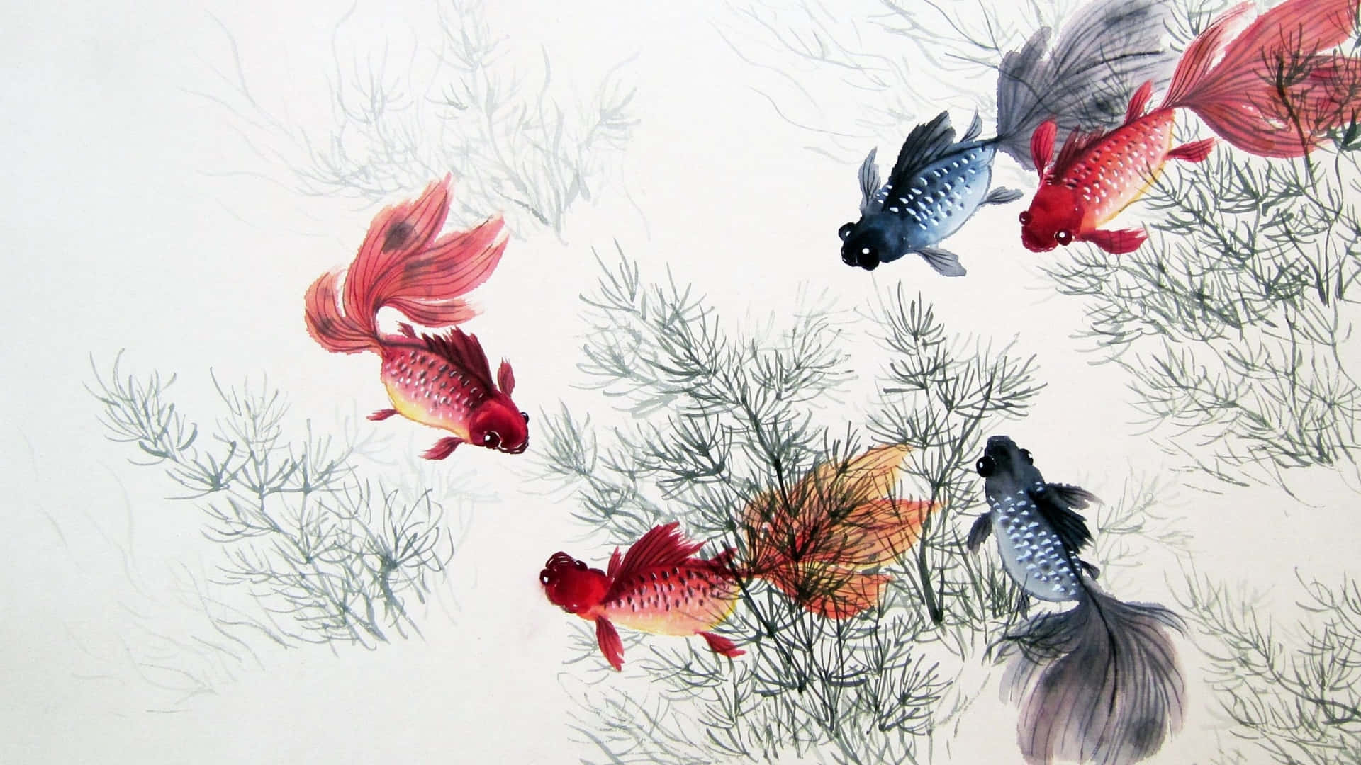colorful koi fish, delicate green aquatic plants, traditional ink wash painting, Full HD Desktop Wallpaper