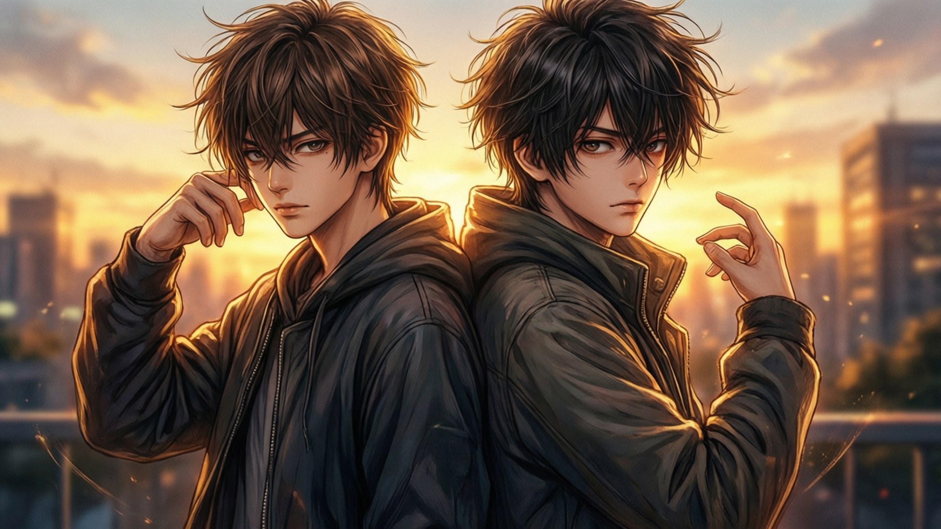 Back to Back, anime-style young men, dark jackets, Full HD Desktop Wallpaper