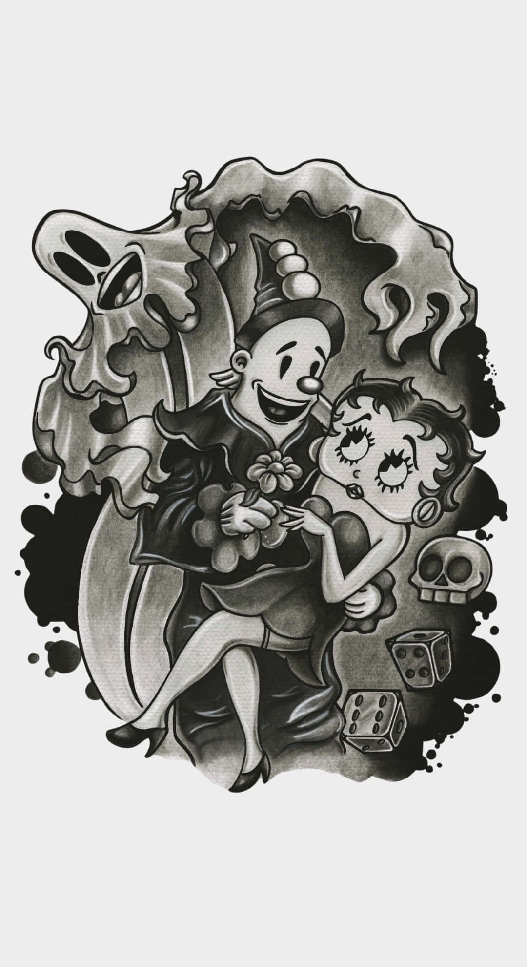 Koko The Clown, vintage tattoo-style illustration, smiling jester, Full HD Phone Wallpaper