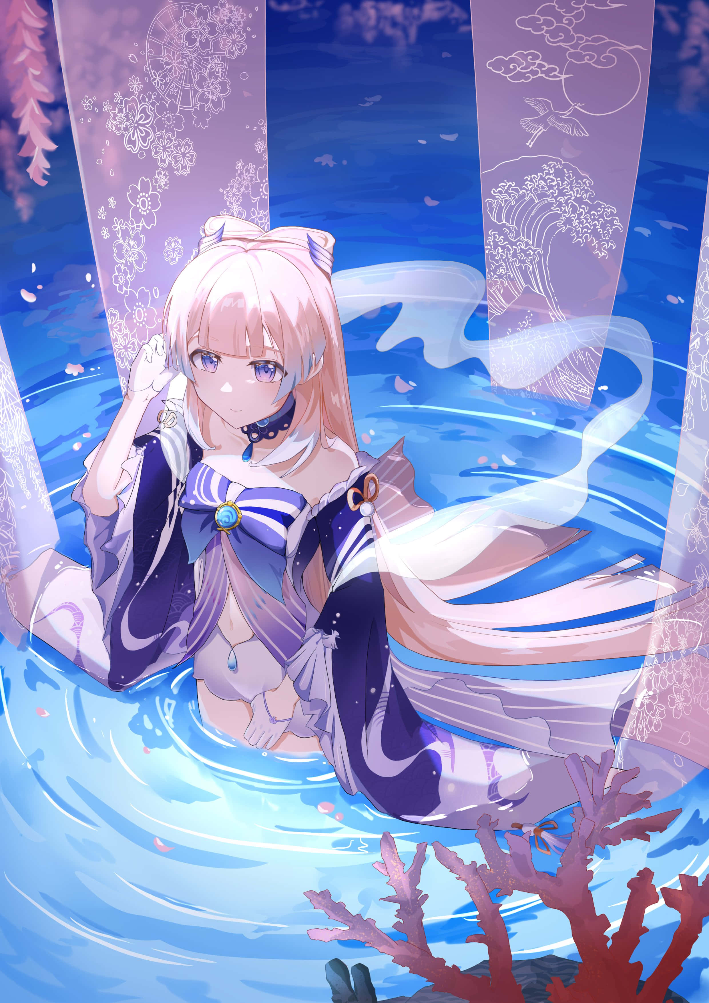 Kokomi, pale-haired anime girl, purple sailor outfit, 2K Phone Wallpaper