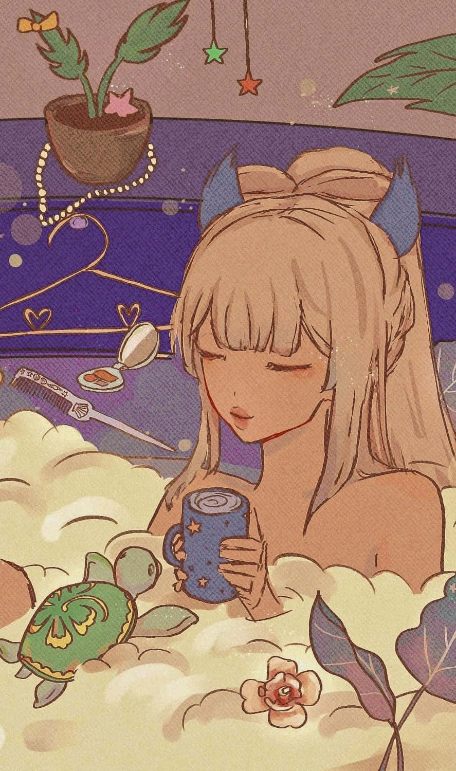 Kokomi, blue cat ears, bubble bath, HD Phone Wallpaper