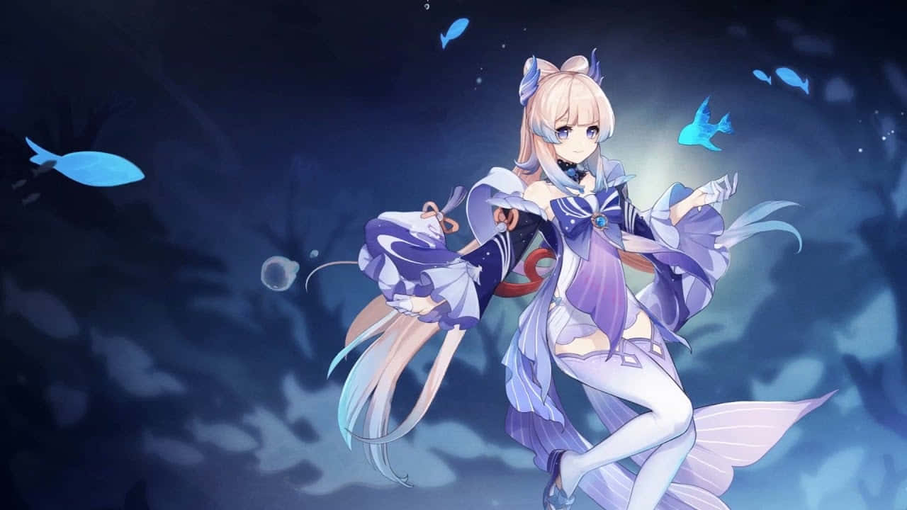 Kokomi, purple dress, blue feathers, HD Desktop Wallpaper