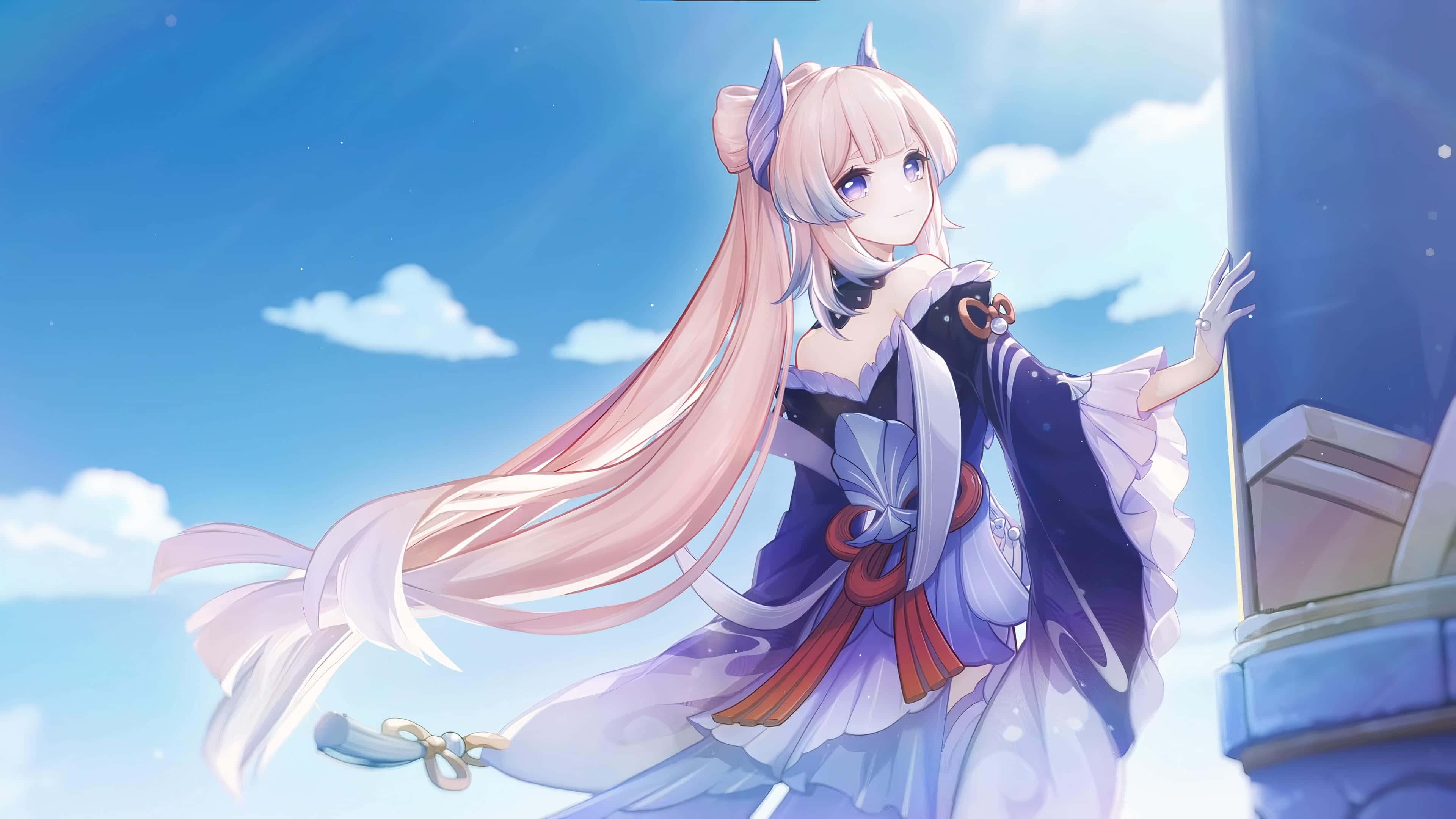 Kokomi, pink-haired anime girl, flowing purple dress, 4K Desktop Wallpaper