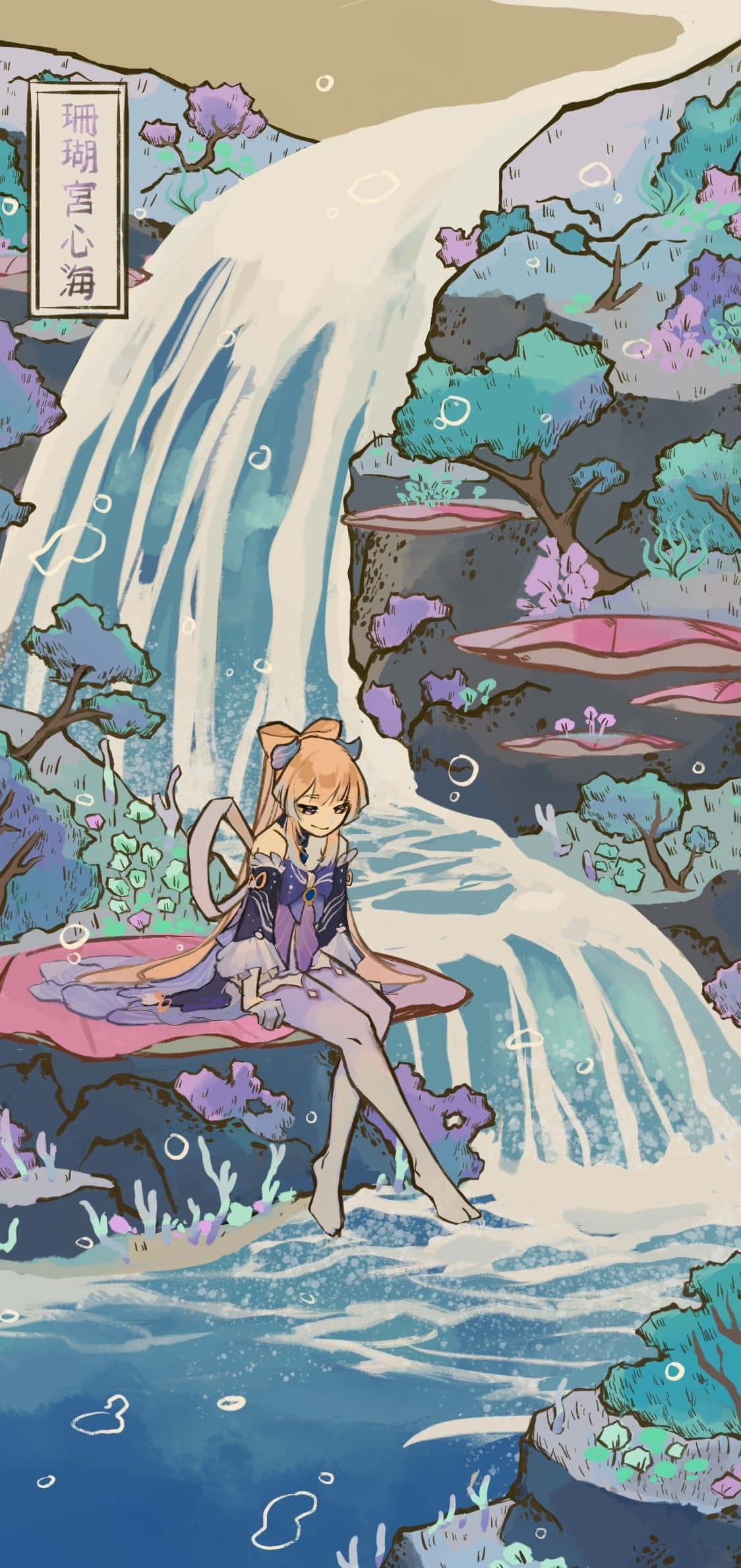Kokomi, orange hair, waterfall, Full HD Phone Wallpaper