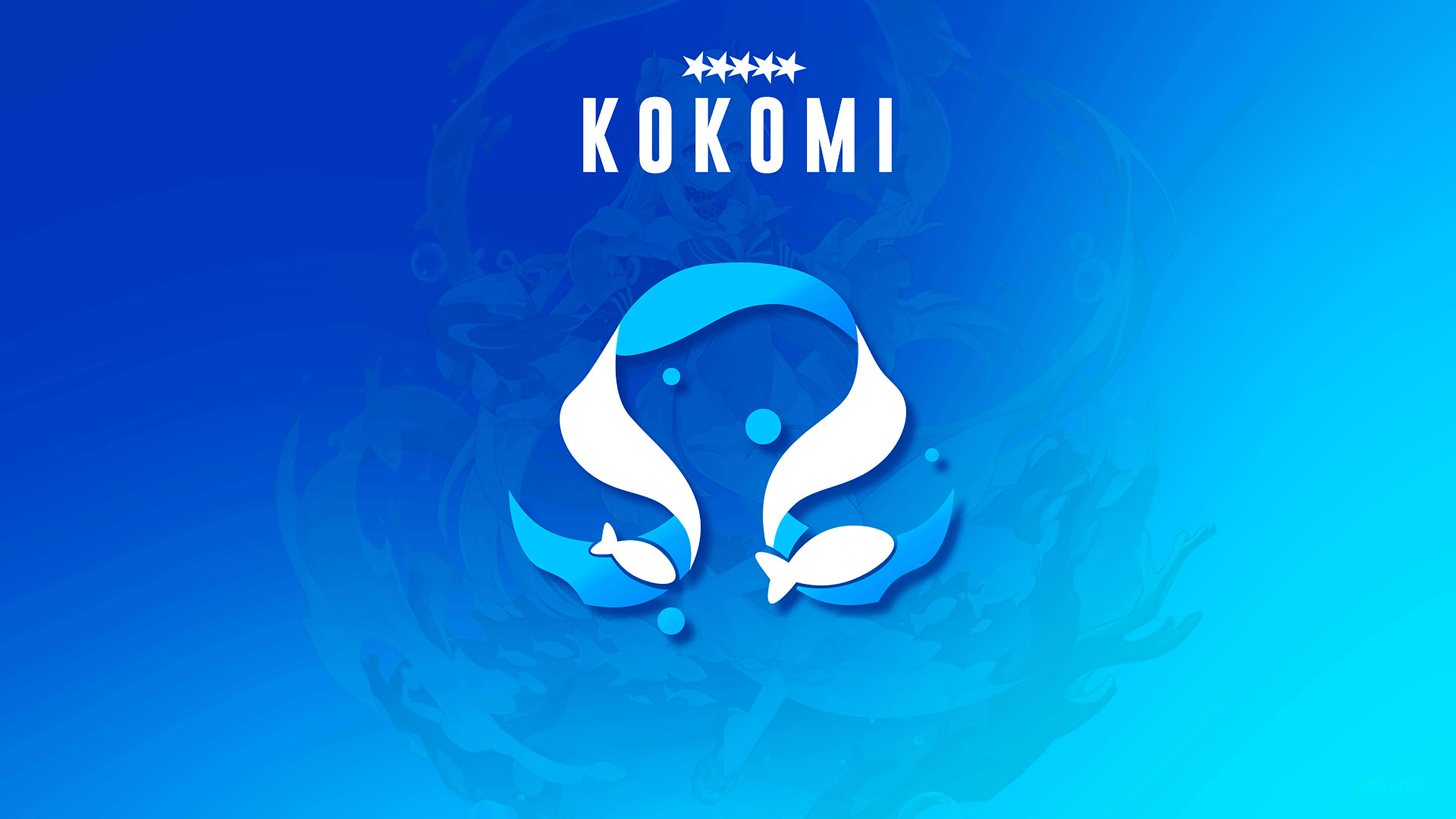 Kokomi, blue and white logo, fish, 8K Desktop Wallpaper
