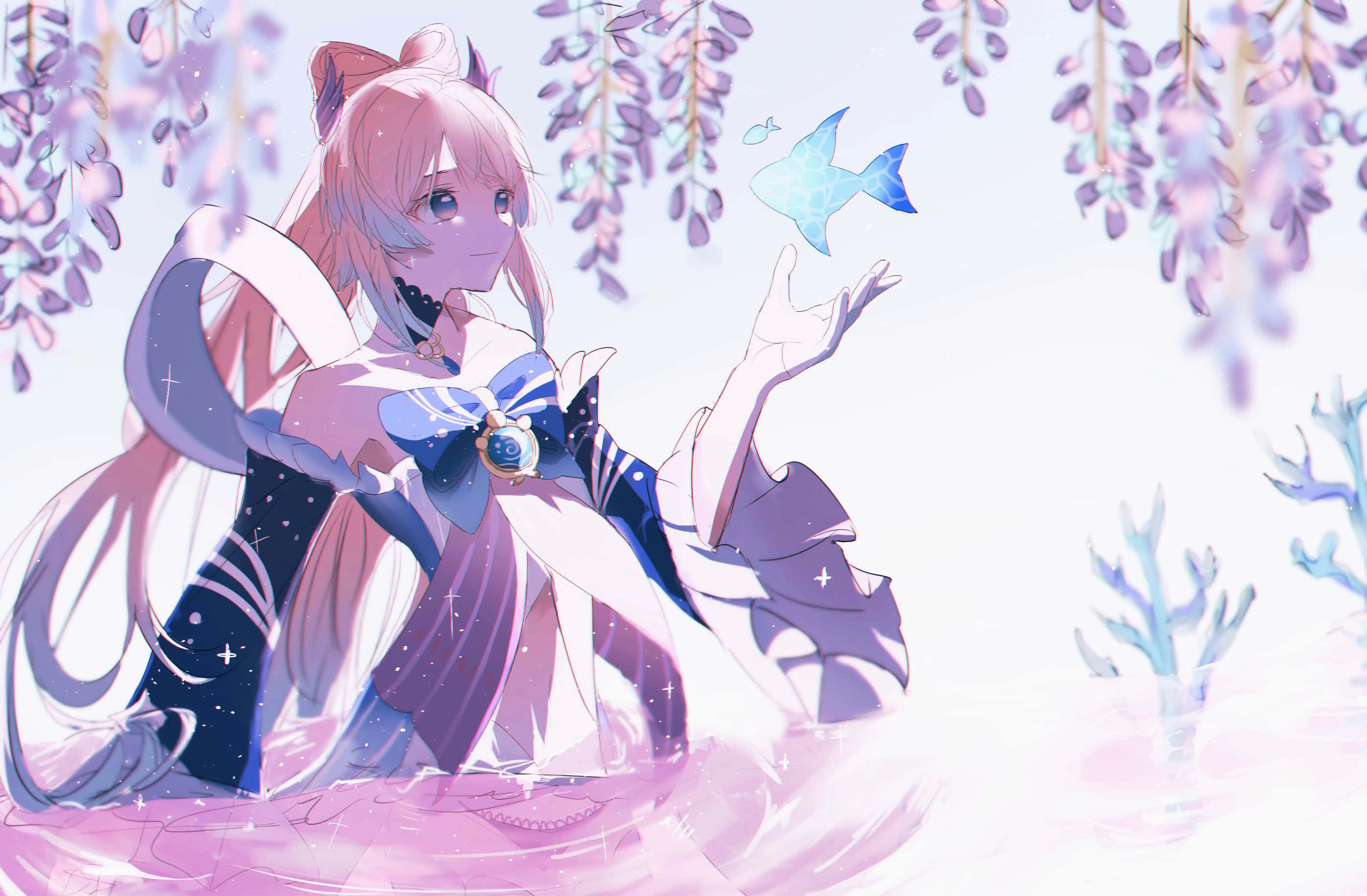 Kokomi, pink-haired anime girl, blue and white dress, 2K Desktop Wallpaper