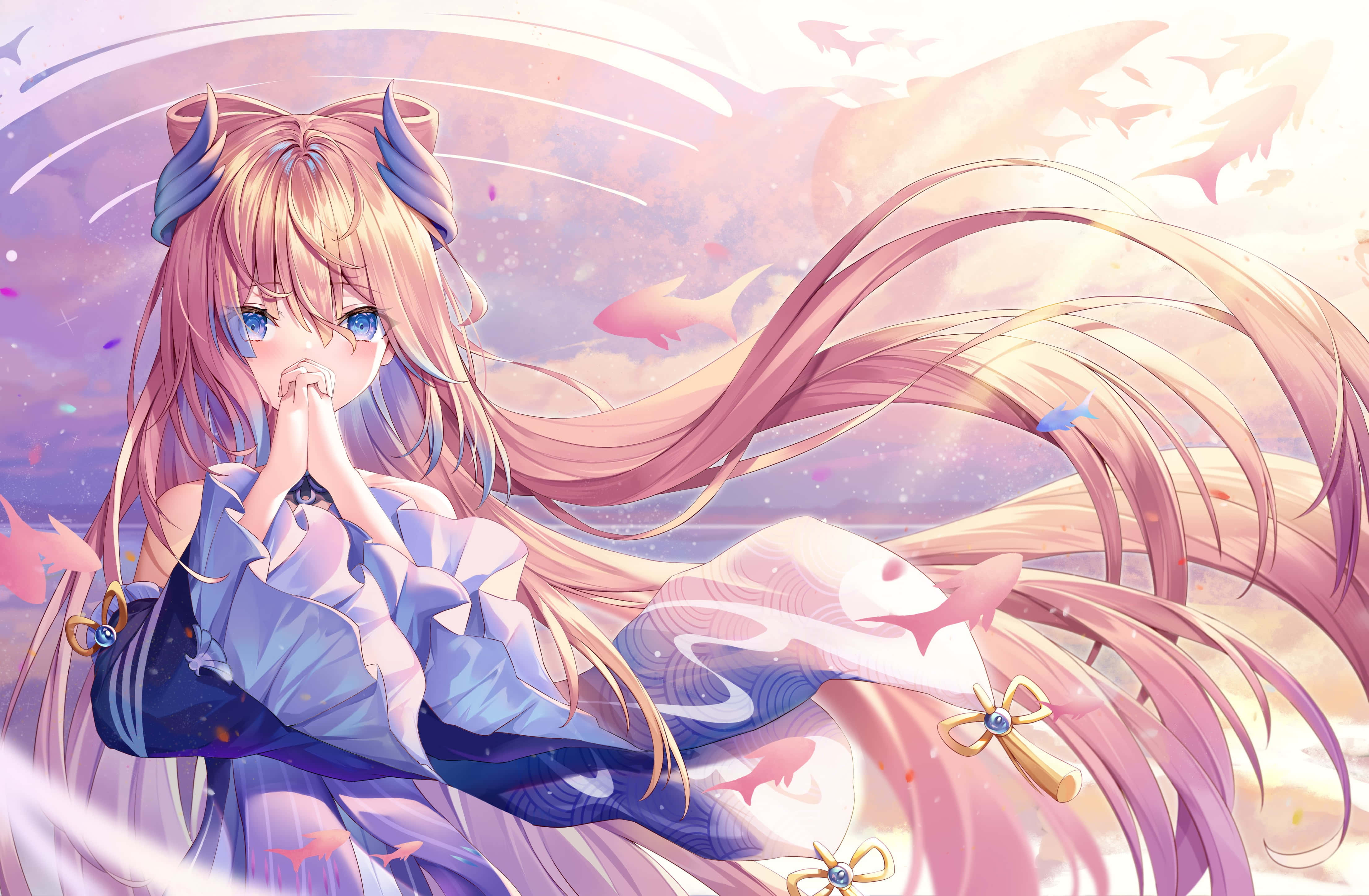 Kokomi, long pink hair, blue eyes, 4K Desktop Wallpaper