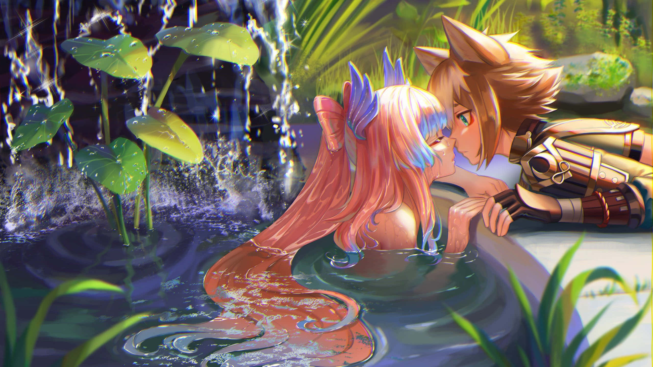 Kokomi, fox-eared anime couple, sunlit pond, 2K Desktop Wallpaper