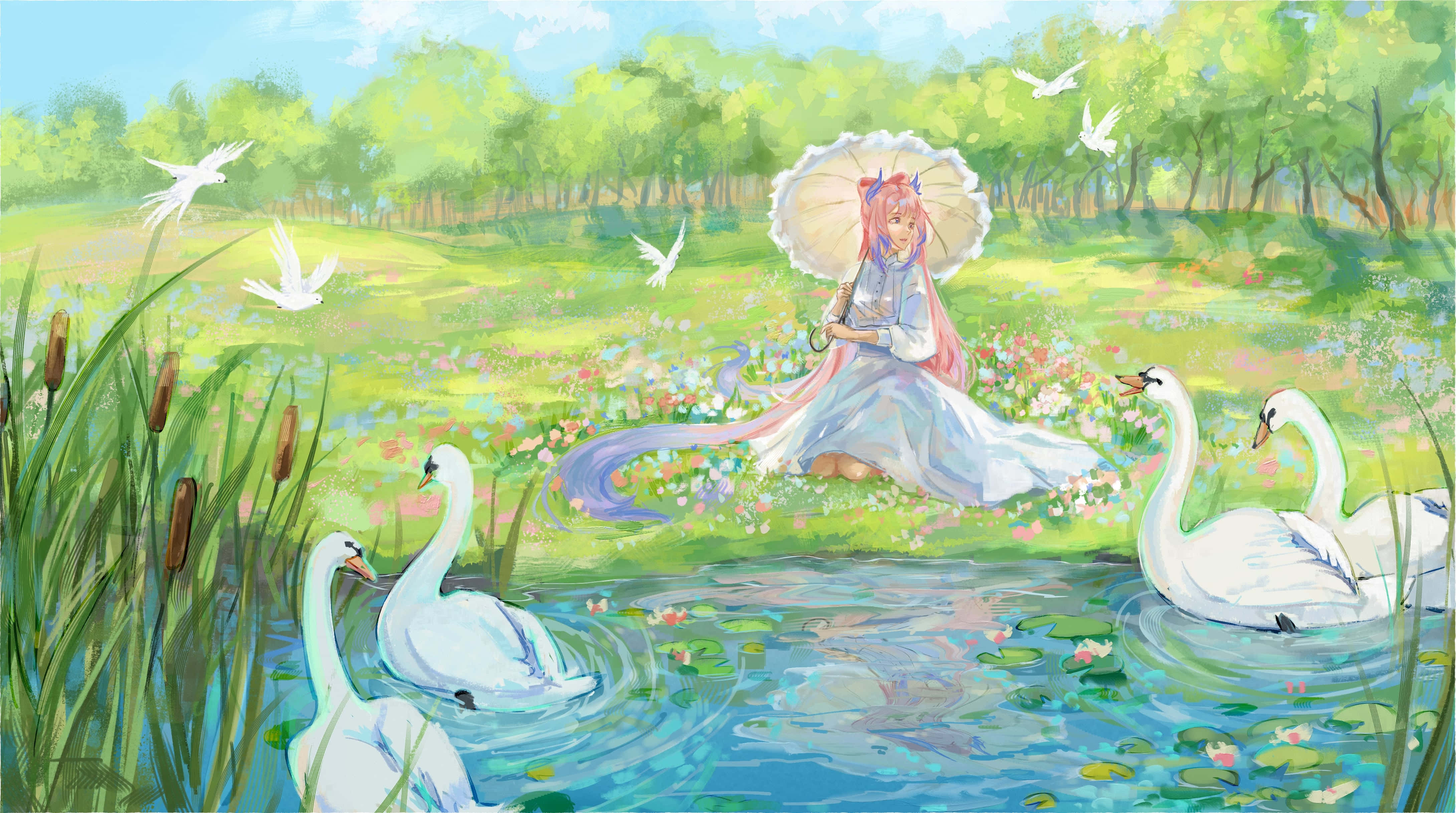 Kokomi, pink-haired anime girl, parasol, 4K Desktop Wallpaper