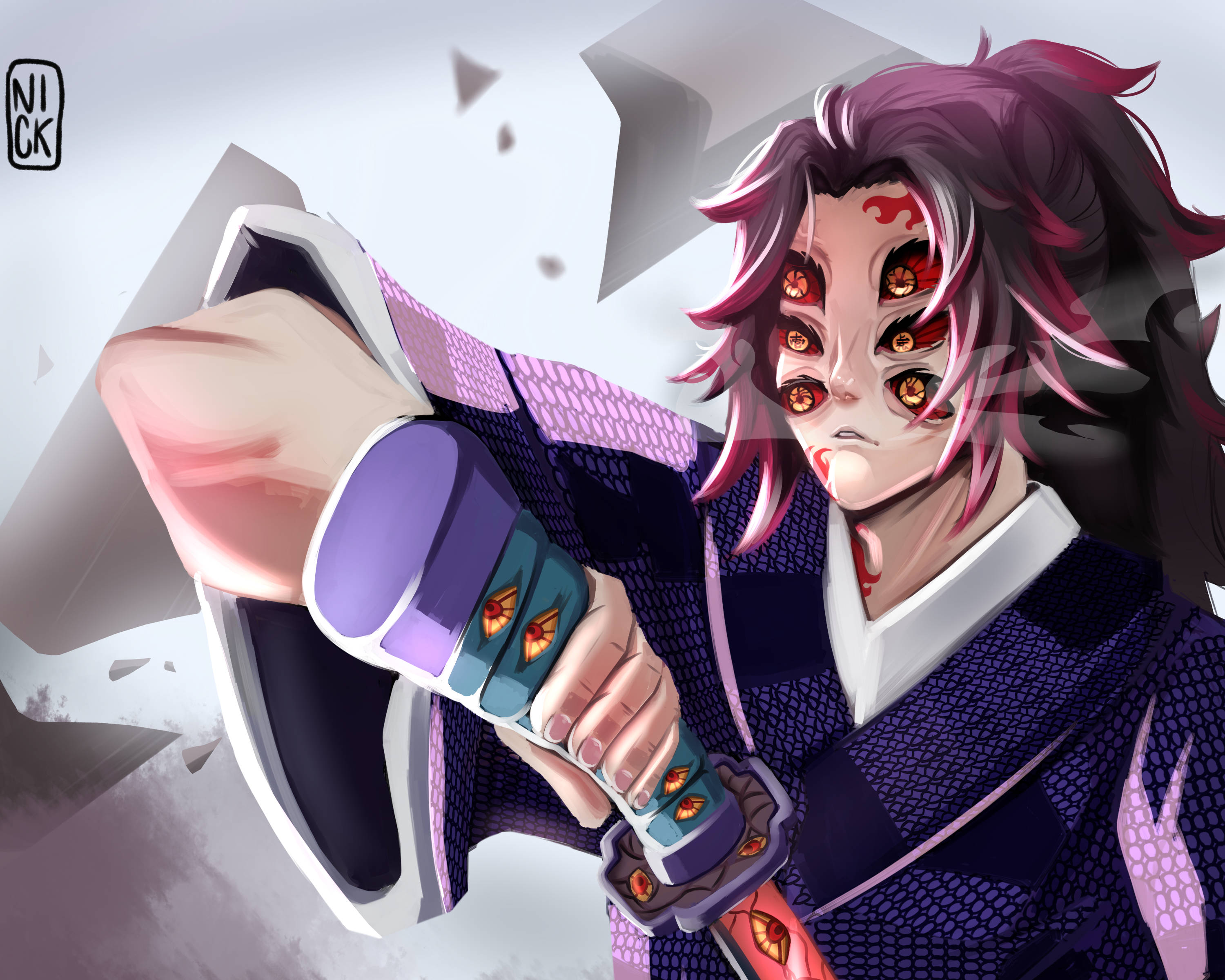 Kokushibo, pink hair, glowing eyes, 2K Desktop Wallpaper