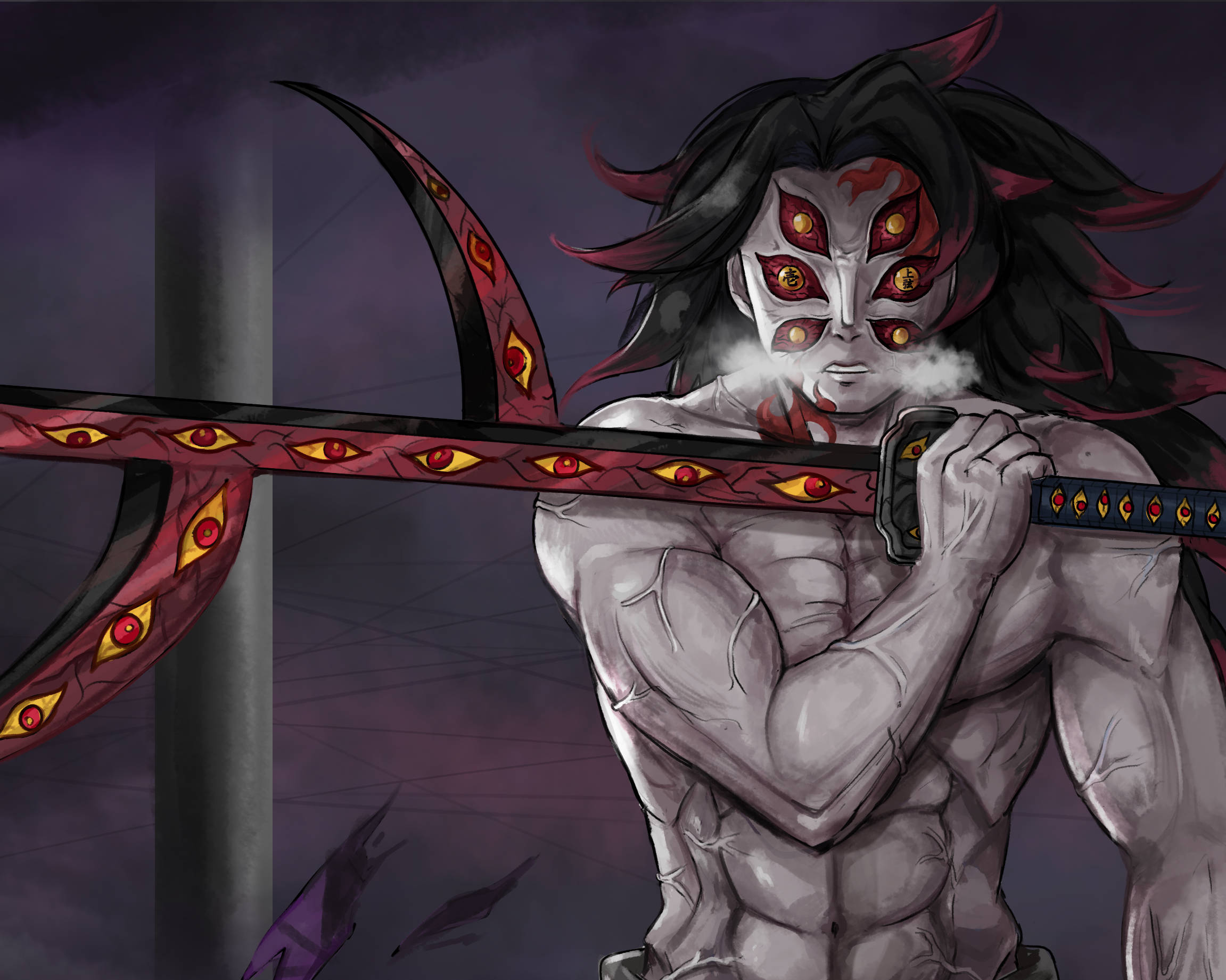 Kokushibo, sword adorned with eyes, glowing red eyes, Full HD Desktop Wallpaper