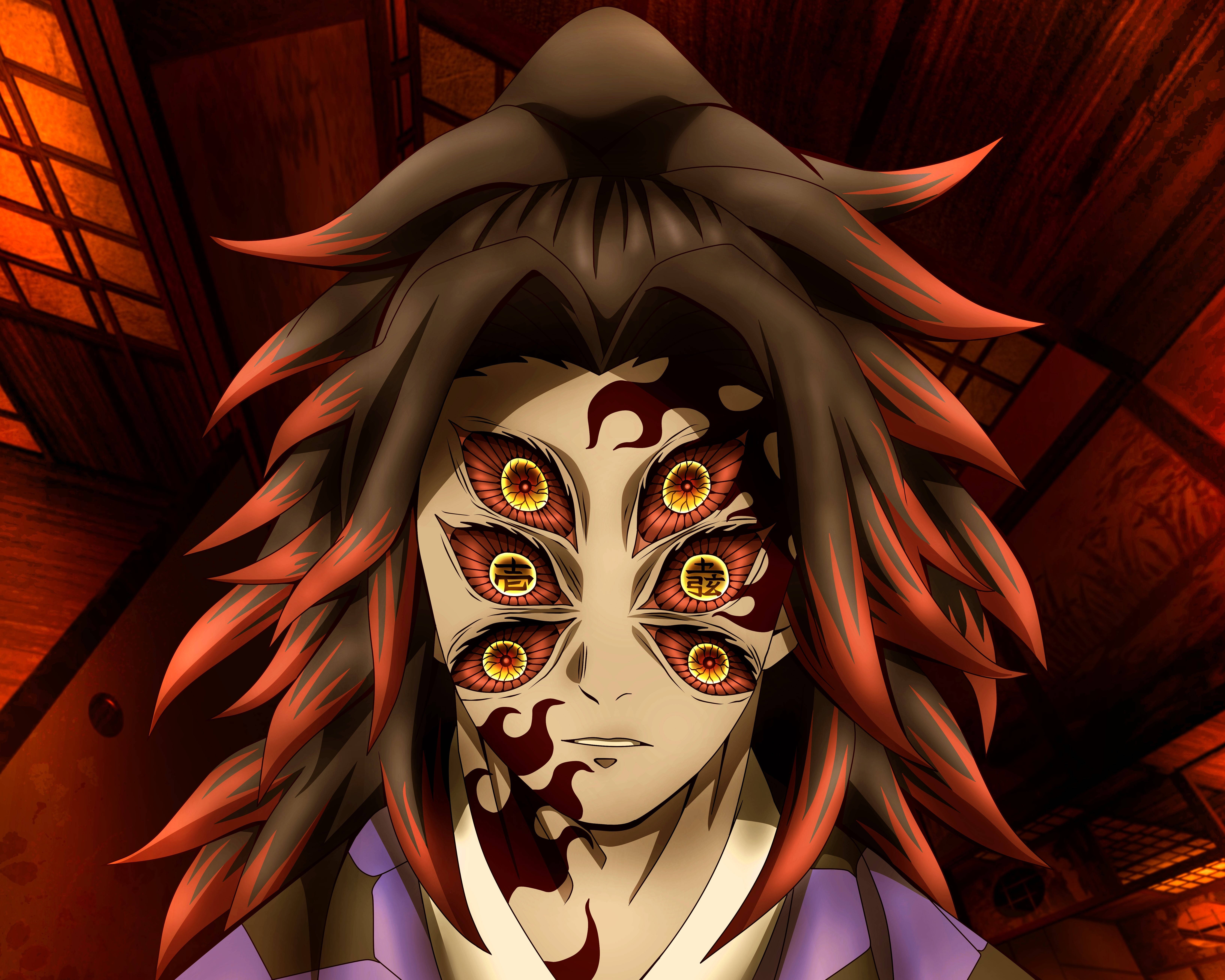 Kokushibo, six glowing eyes, fiery red hair, 5K Desktop Wallpaper