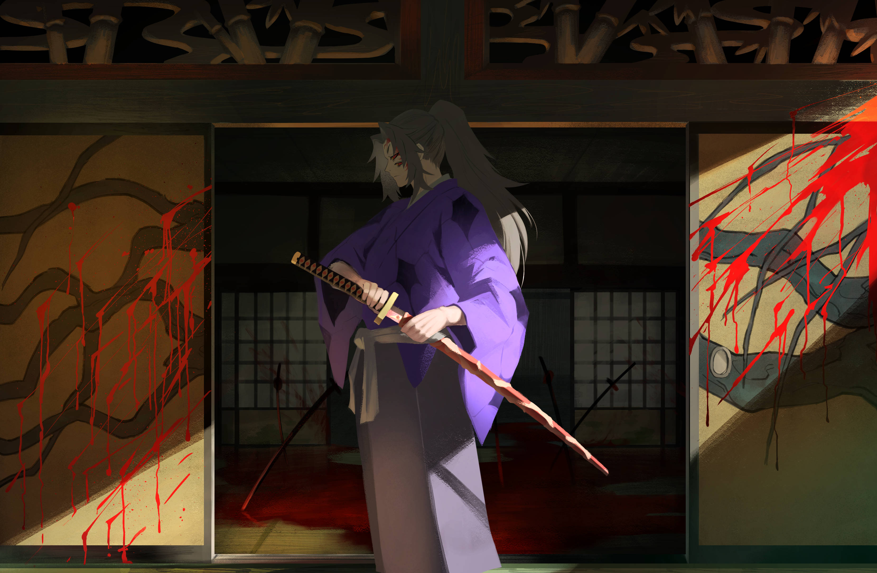 Kokushibo, purple robes, katana, 2K Desktop Wallpaper