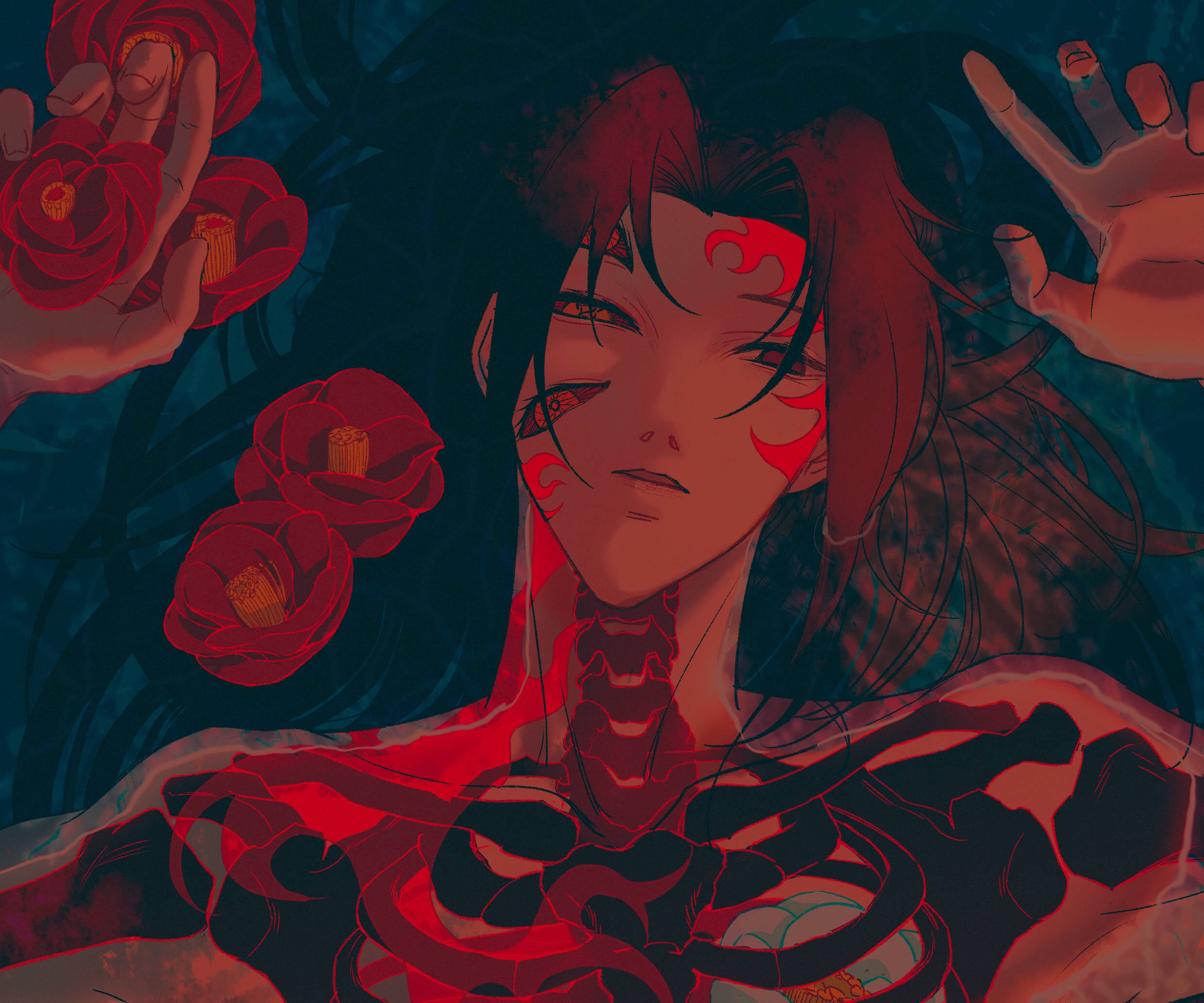 Kokushibo, red floral markings, glowing eyes, Full HD Desktop Wallpaper