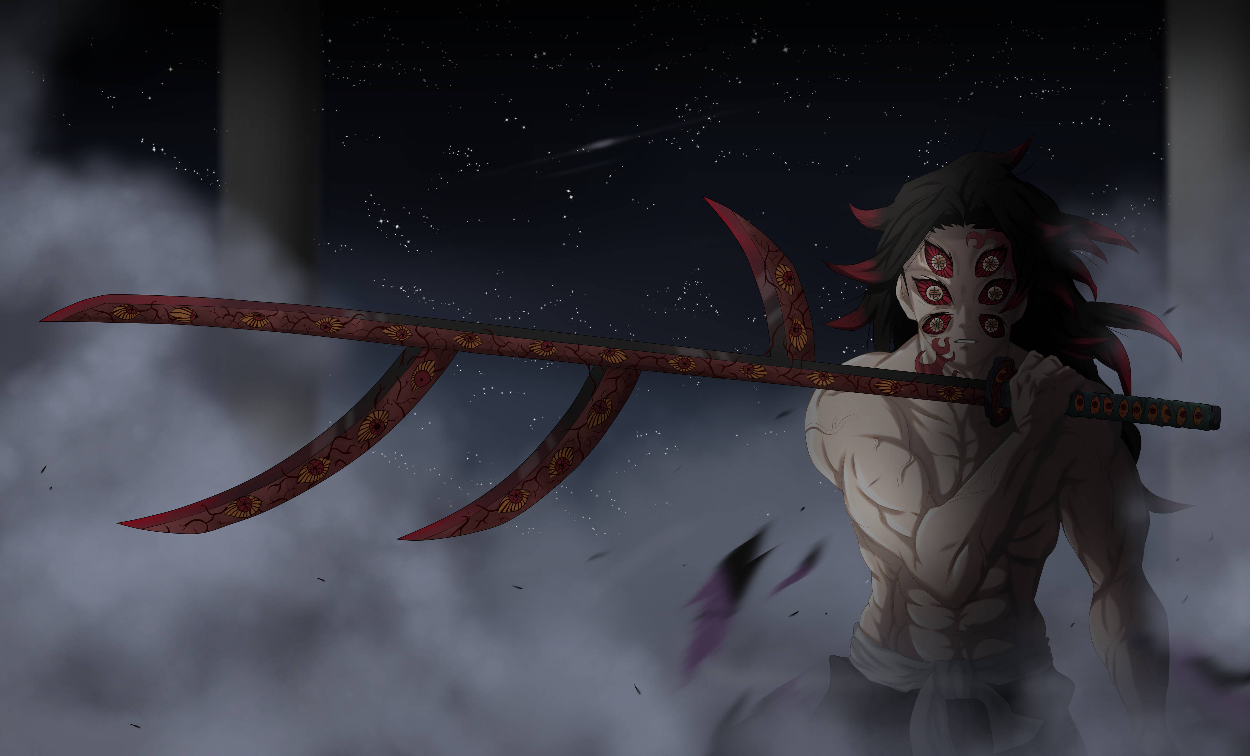 Kokushibo, red sword, starry night sky, 4K Desktop Wallpaper