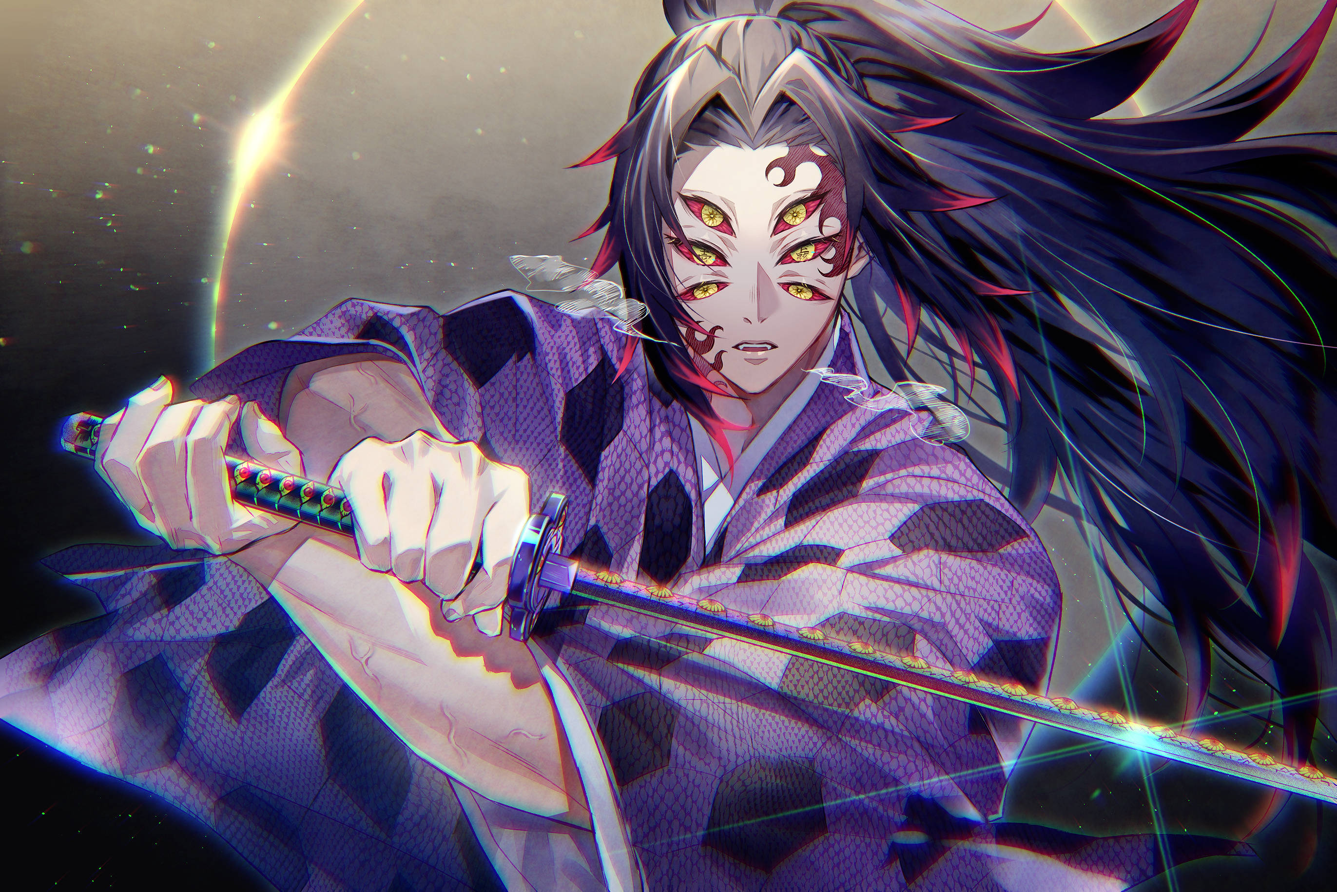Kokushibo, purple robe, glowing yellow eyes, 2K Desktop Wallpaper