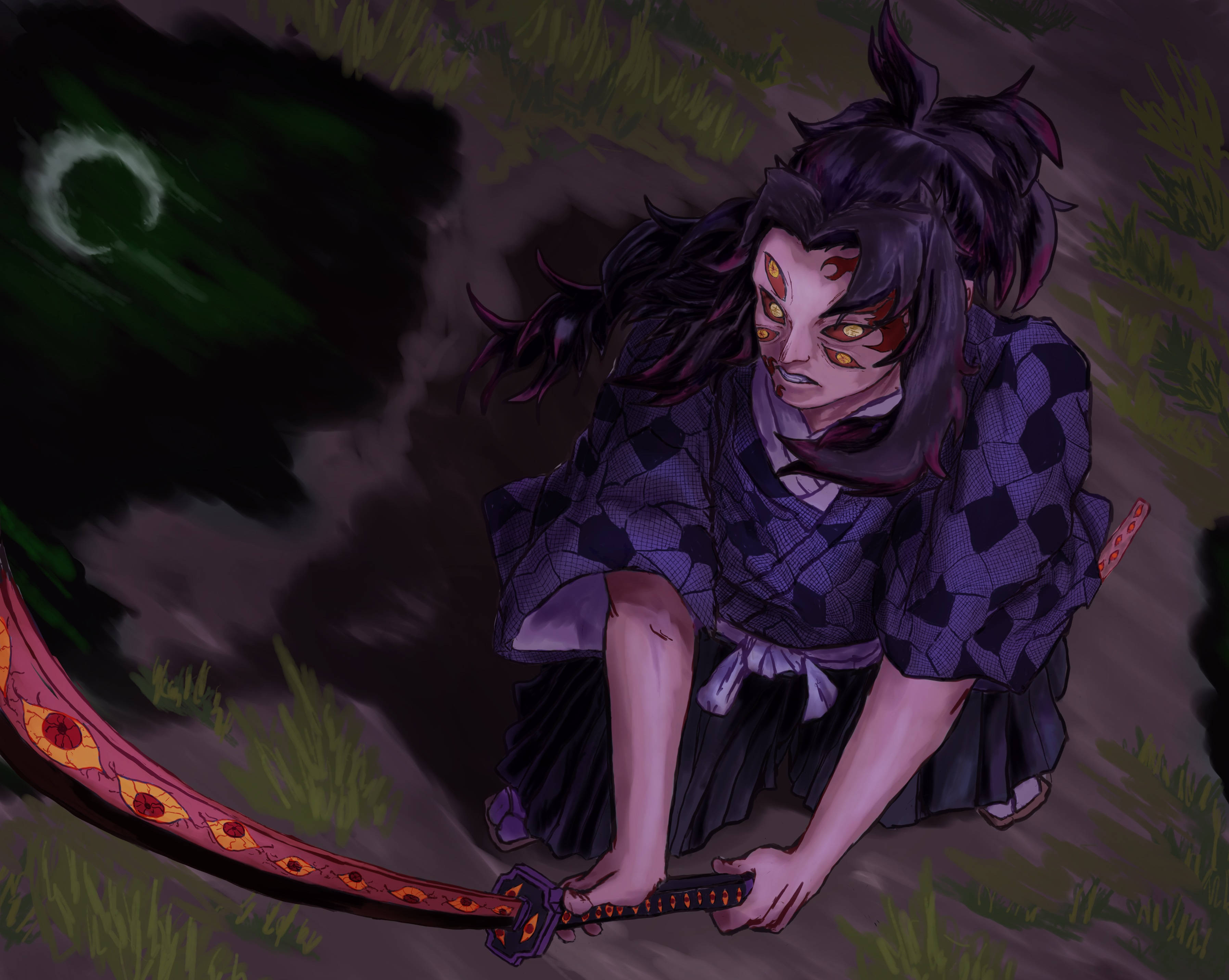Kokushibo, red sword, purple checkered kimono, 2K Desktop Wallpaper