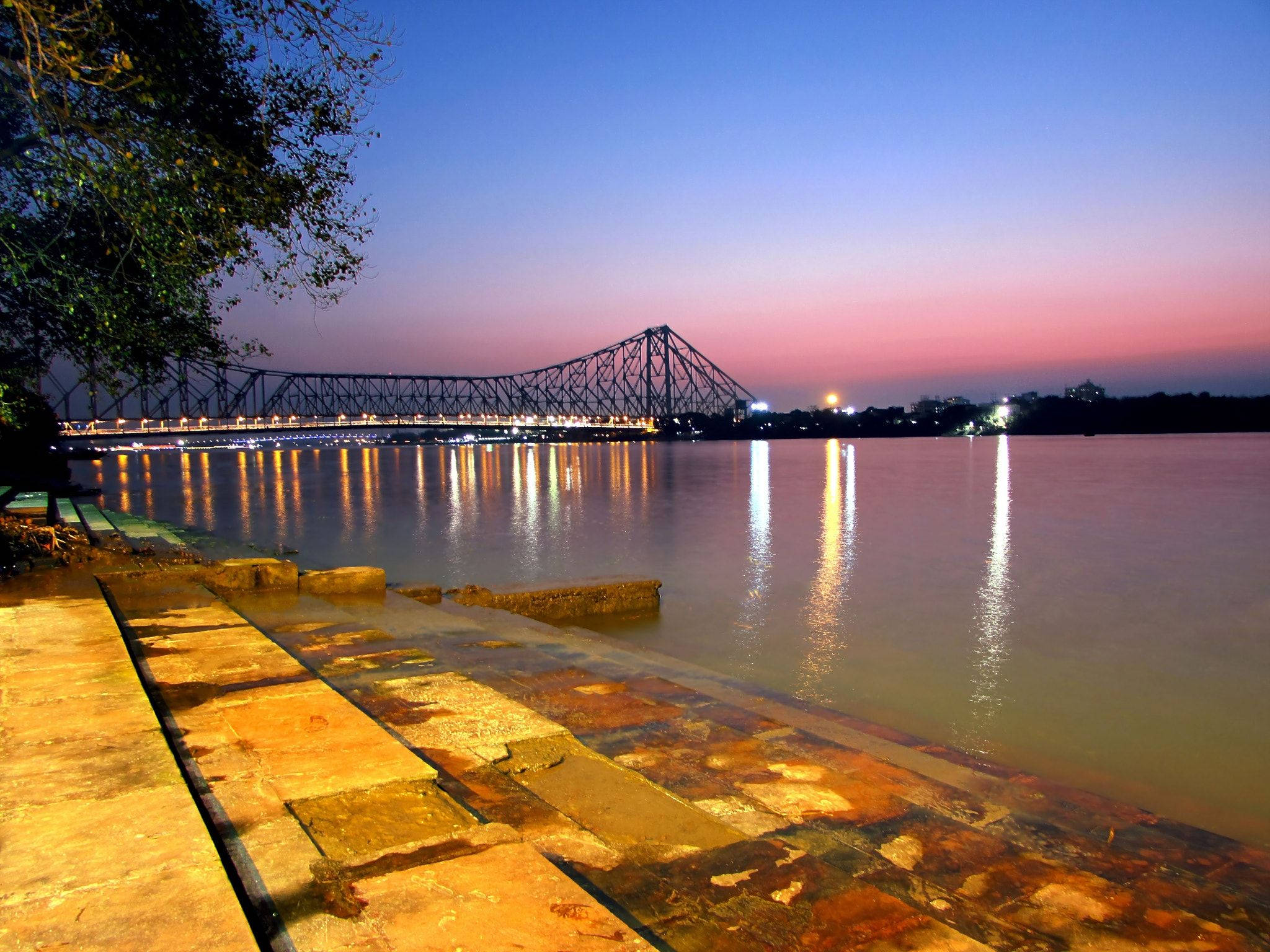 Kolkata, stair pavement, steel truss bridge, Full HD Desktop Wallpaper