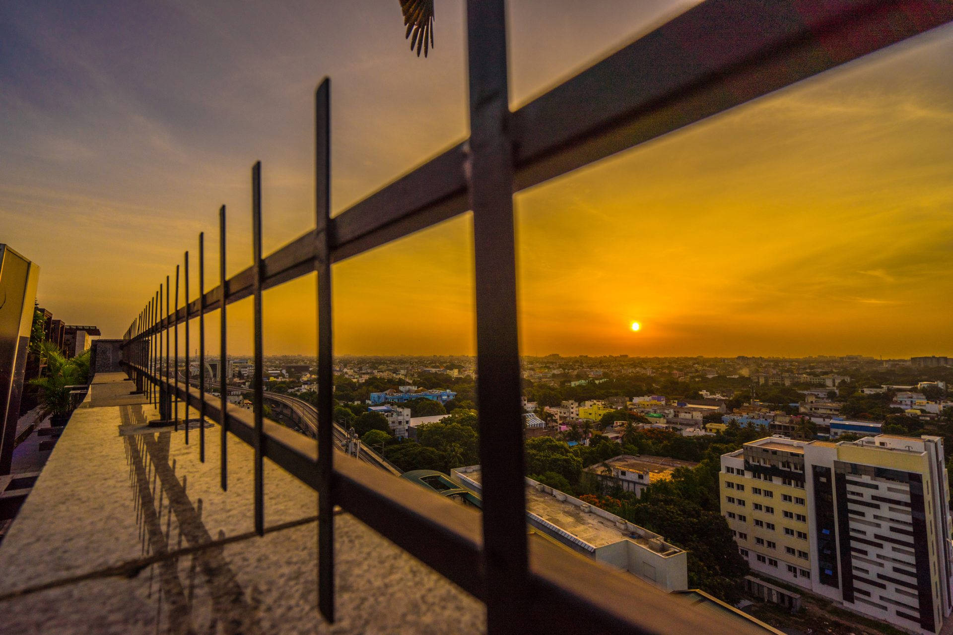 Kolkata, Sunset, Rooftop railing, Full HD Desktop Wallpaper