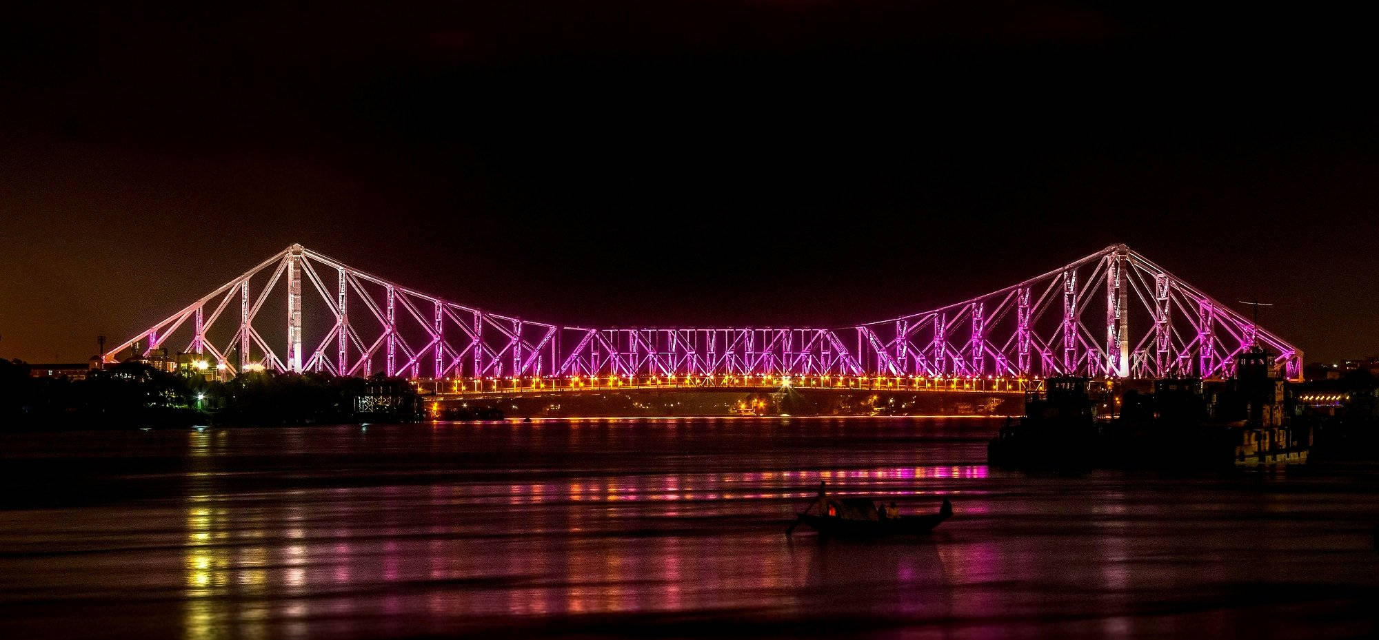 Kolkata, pink light, steel truss bridge, Full HD Desktop Wallpaper