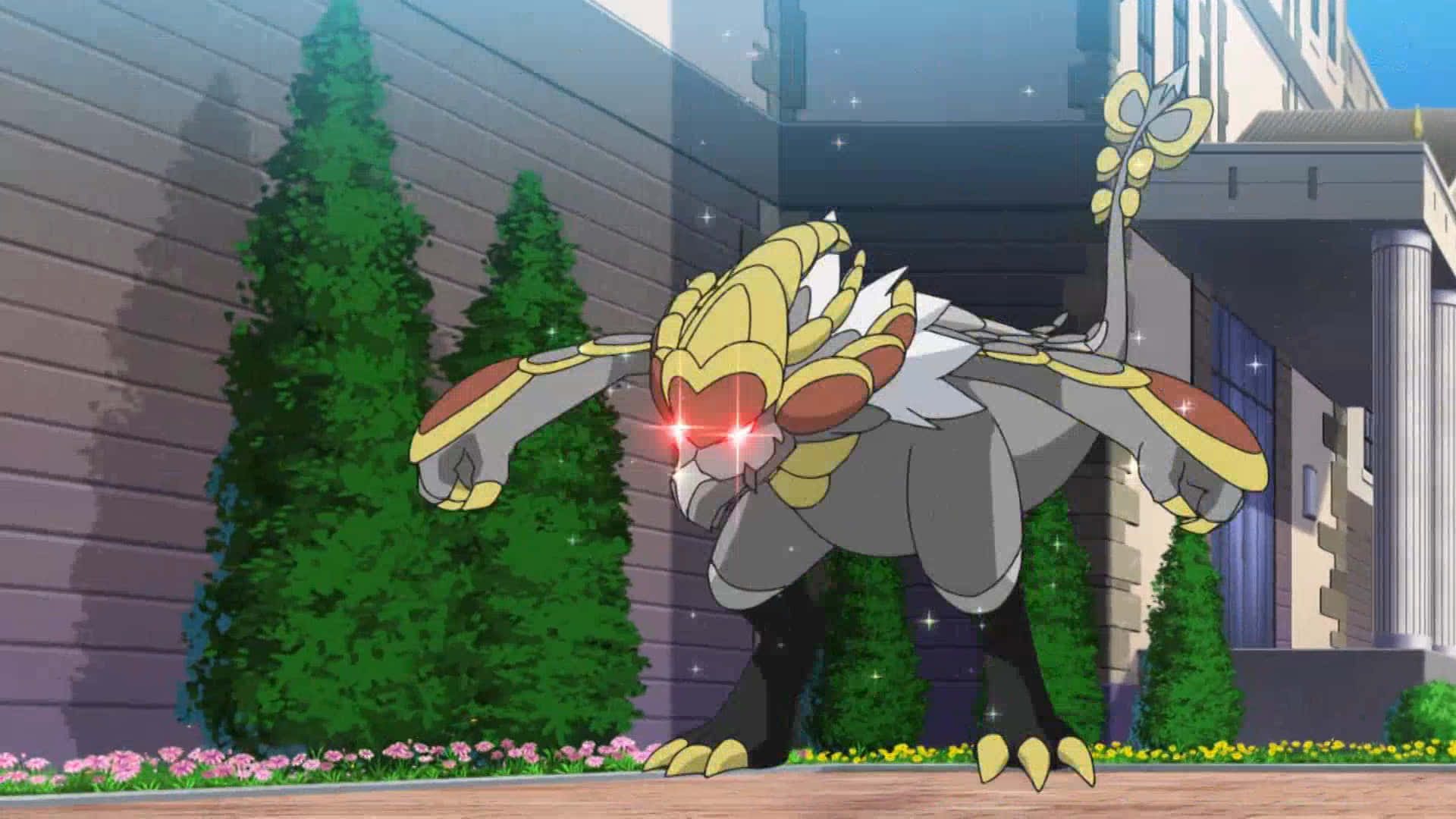 Kommo-o, glowing red eyes, golden and gray, Full HD Desktop Wallpaper