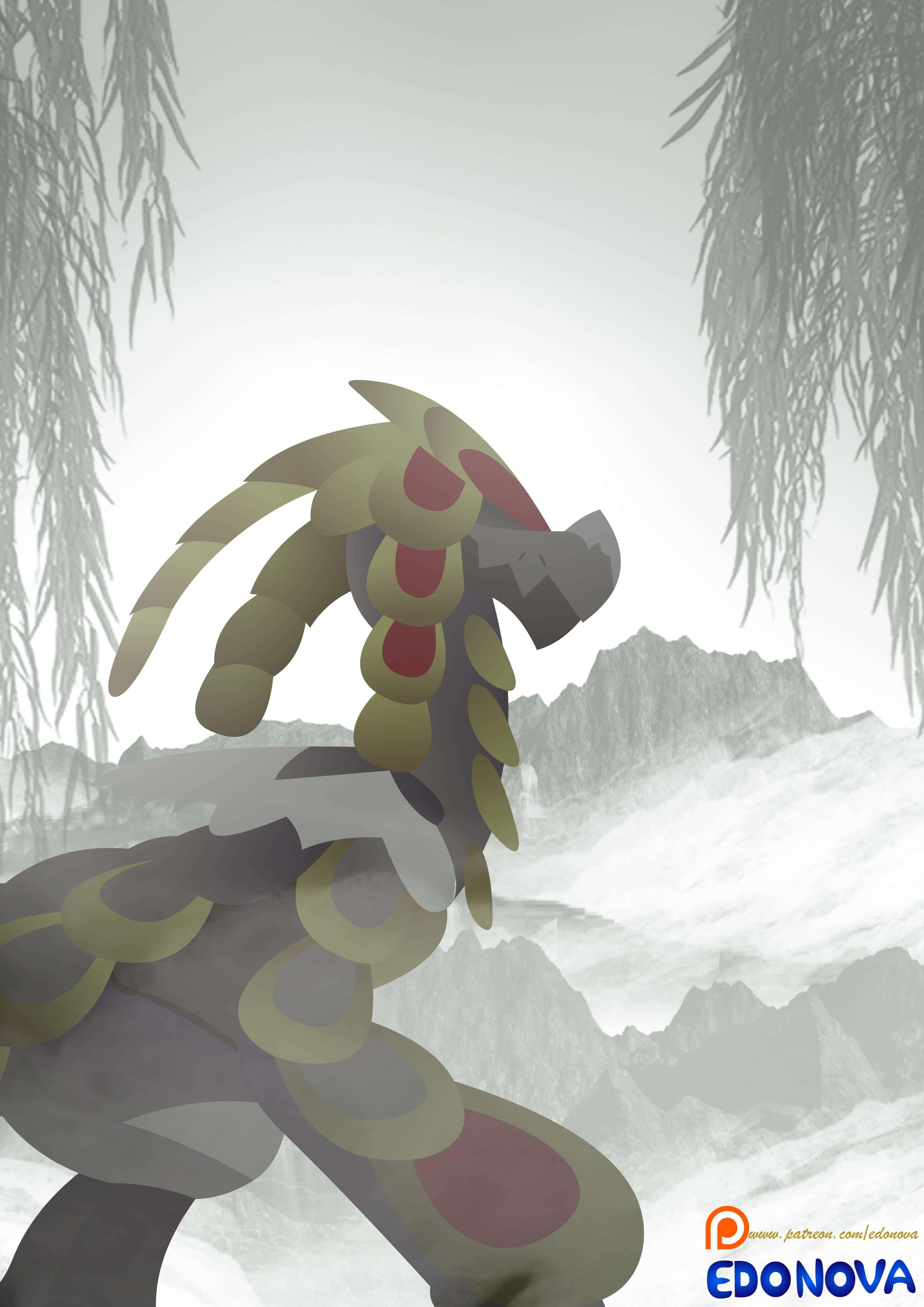 Kommo-o, gold and red markings, weeping willows, 4K Phone Wallpaper