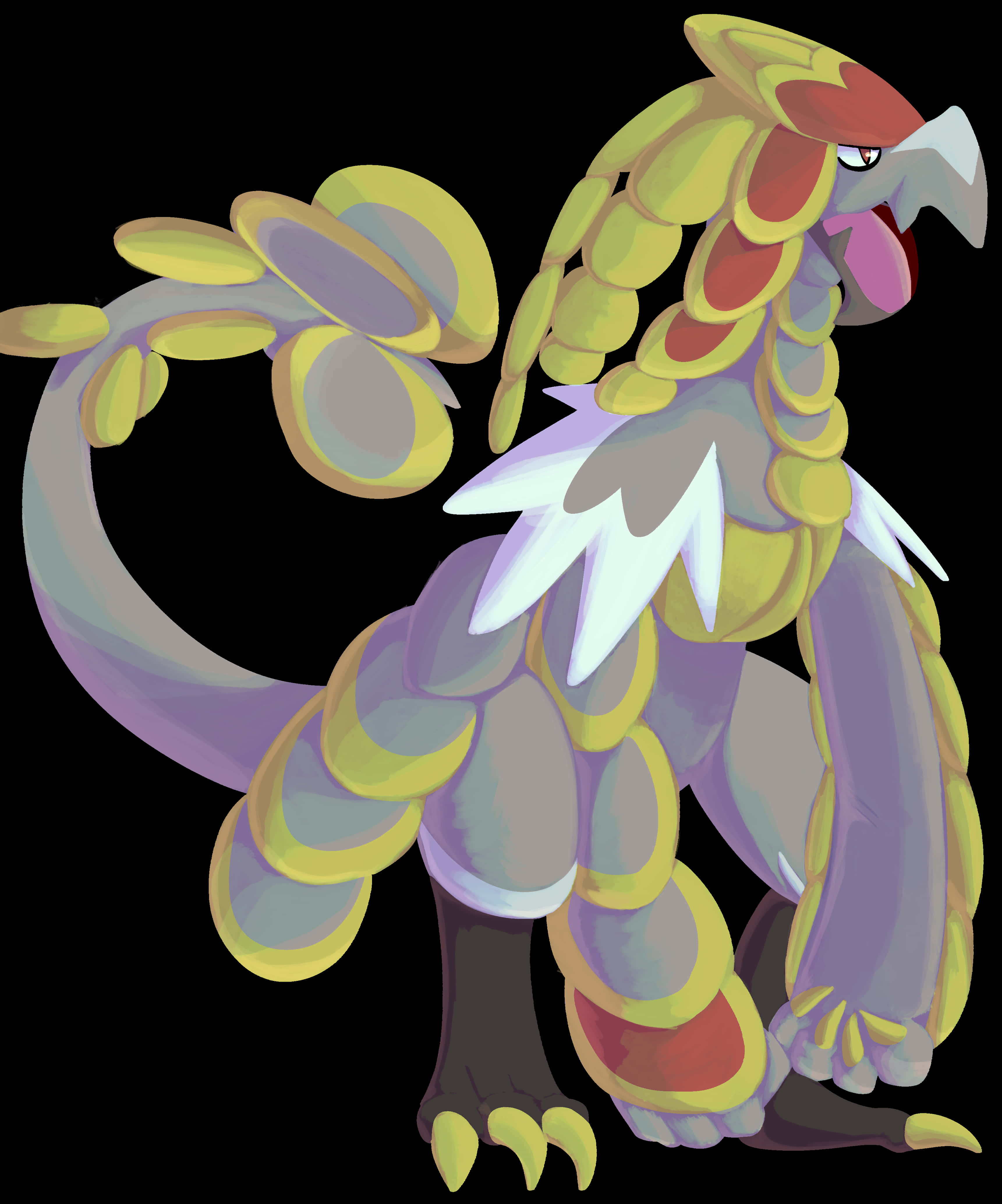 Kommo-o, yellow red and purple scales, white wing-like fins, 4K Phone Wallpaper