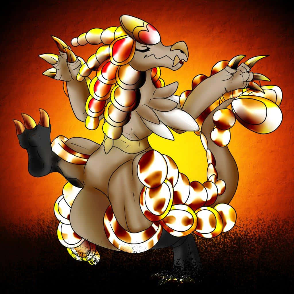 Kommo-o, black and orange background, golden and red segmented armor, SD Desktop Wallpaper