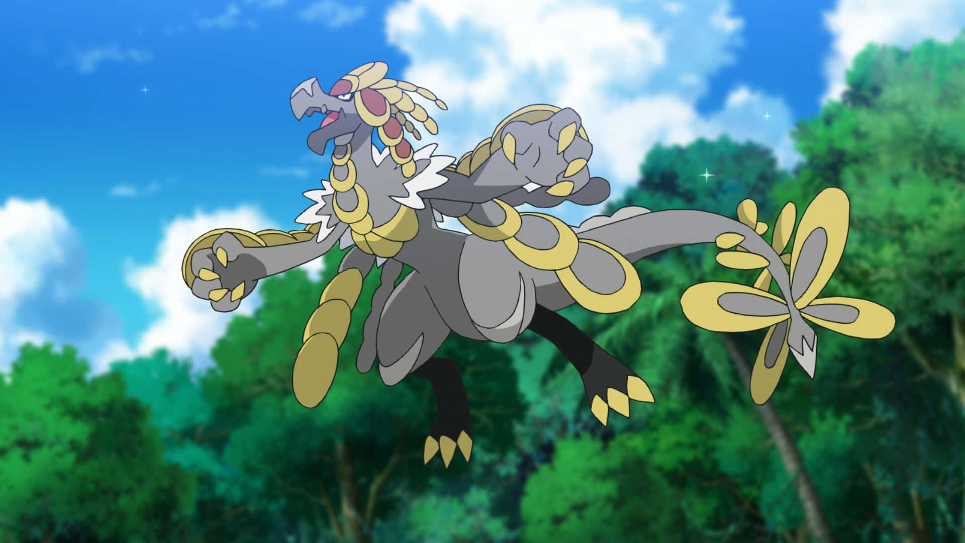 Kommo-o, forest, bright blue sky, Full HD Desktop Wallpaper