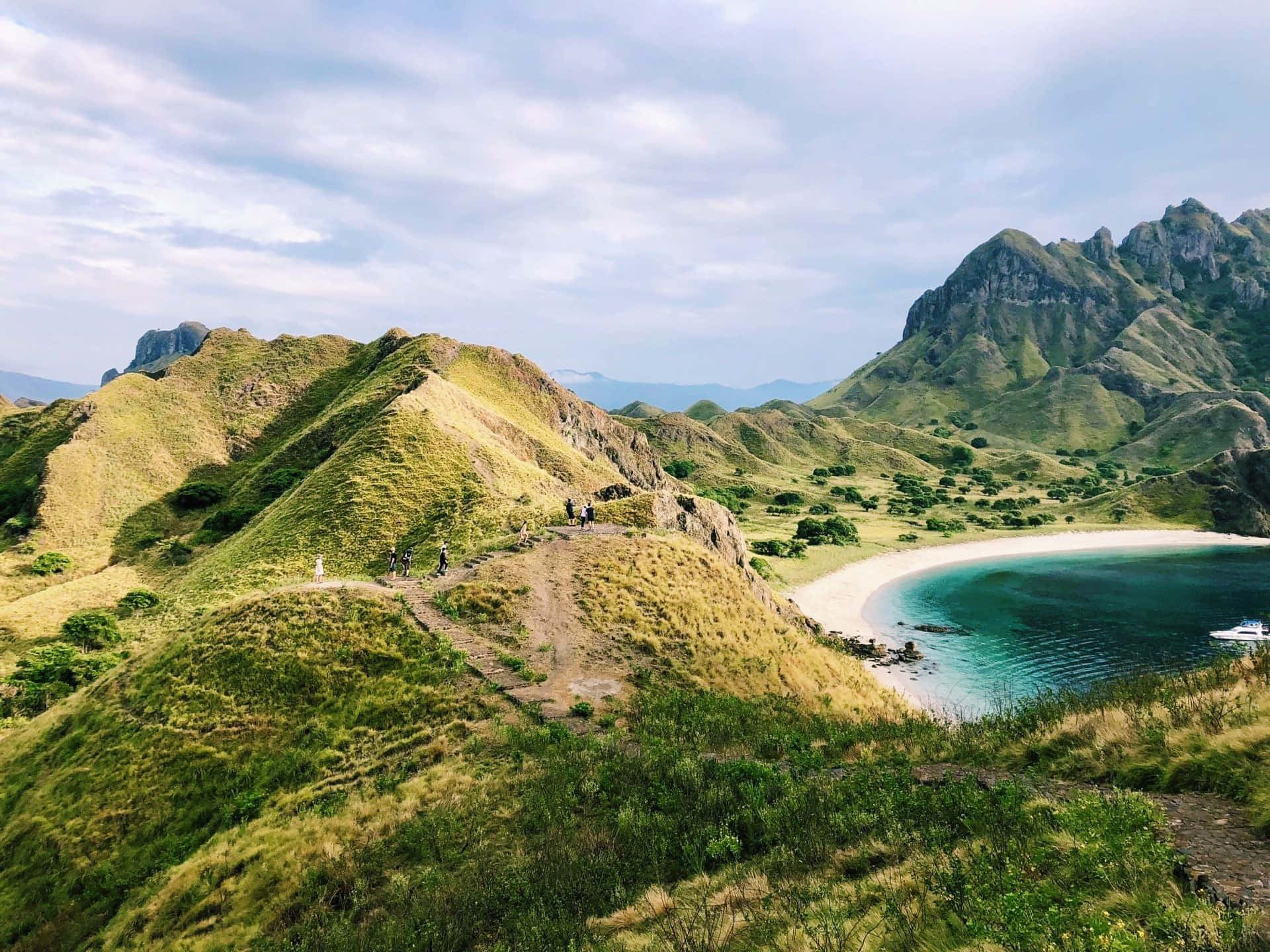 Komodo Island, turquoise bay, rugged green mountains, Full HD Desktop Wallpaper